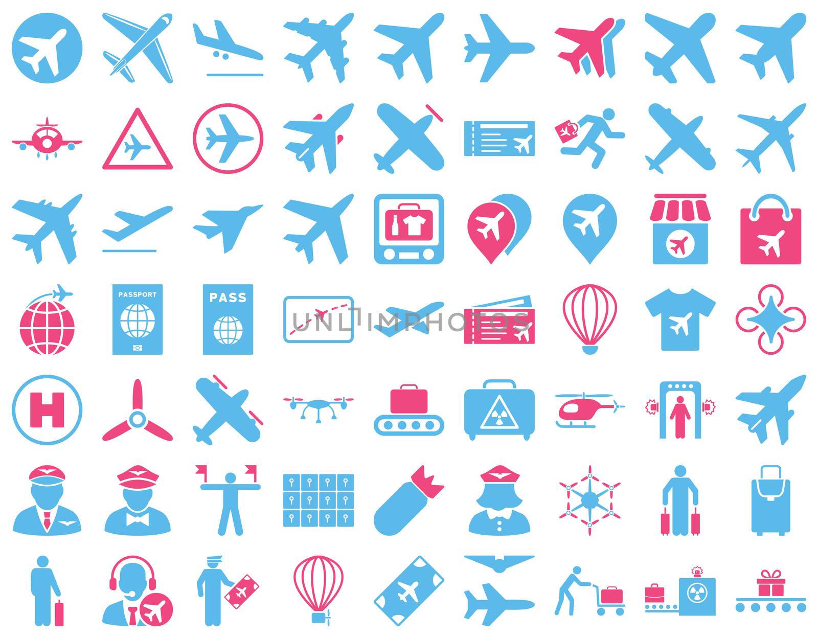 Aviation Icon Set. These flat bicolor icons use pink and blue colors. Raster images are isolated on a white background.
