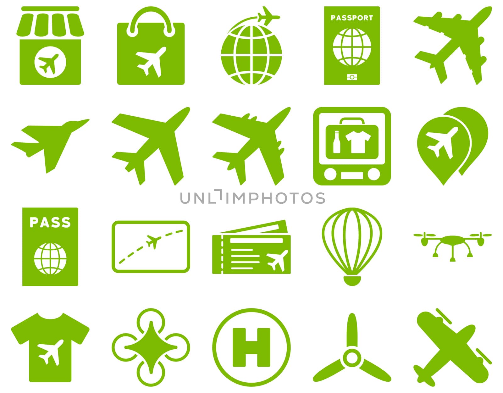 Airport Icon Set. These flat icons use eco green color. Raster images are isolated on a white background.