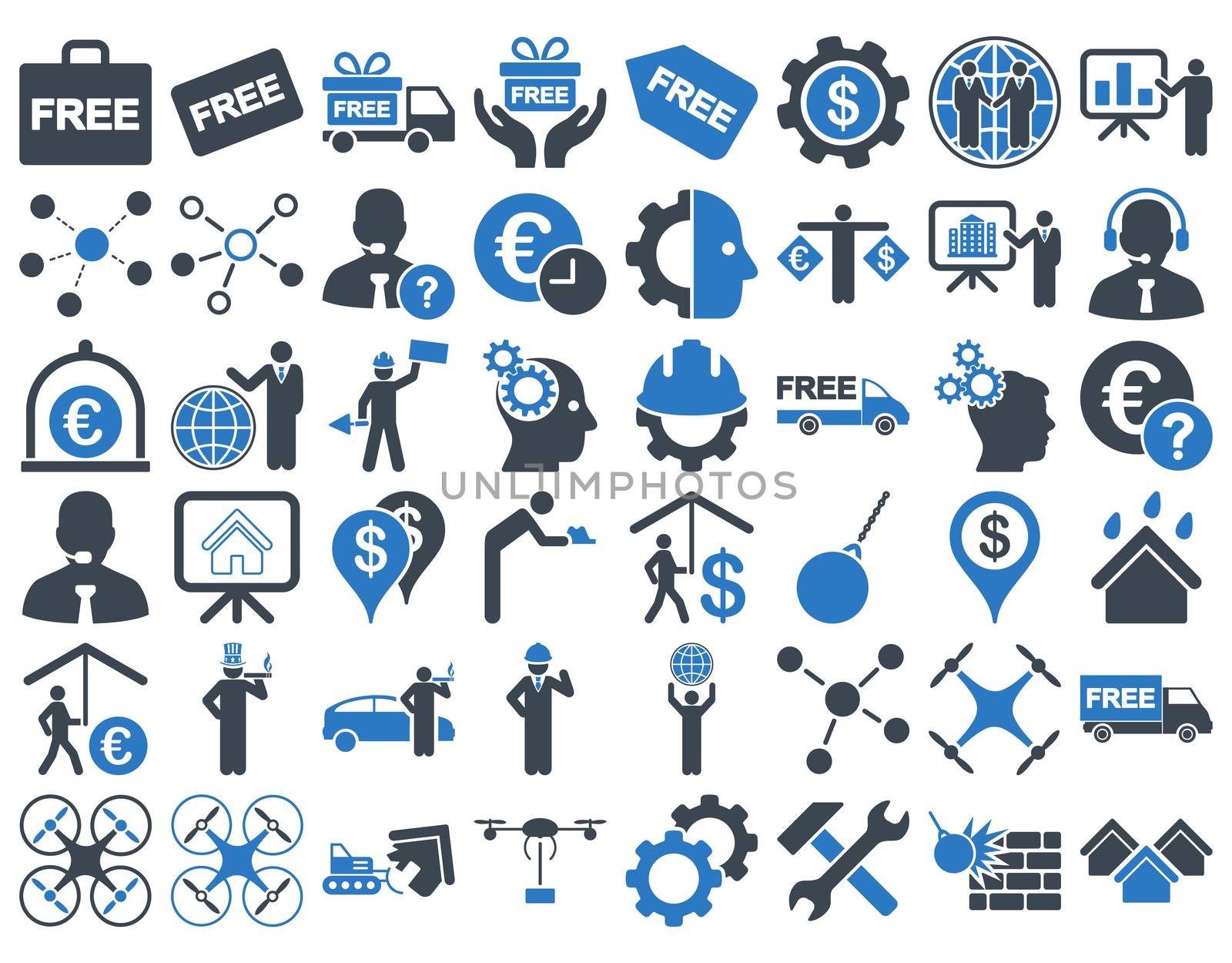 Business Icon Set. These flat bicolor icons use smooth blue colors. Raster images are isolated on a white background.