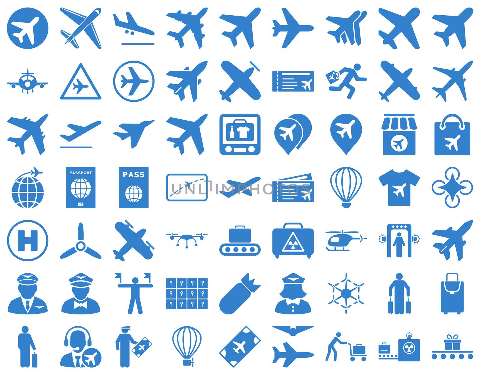 Aviation Icon Set. These flat icons use cobalt color. Raster images are isolated on a white background.