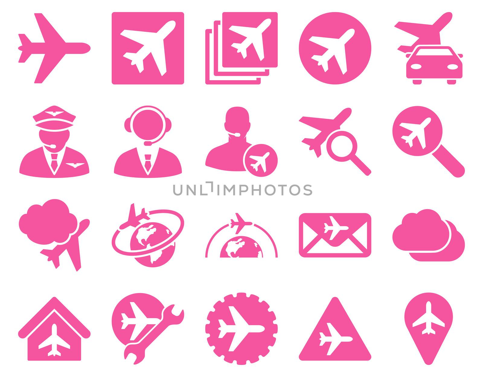 Aviation Icon Set. These flat icons use pink color. Raster images are isolated on a white background.