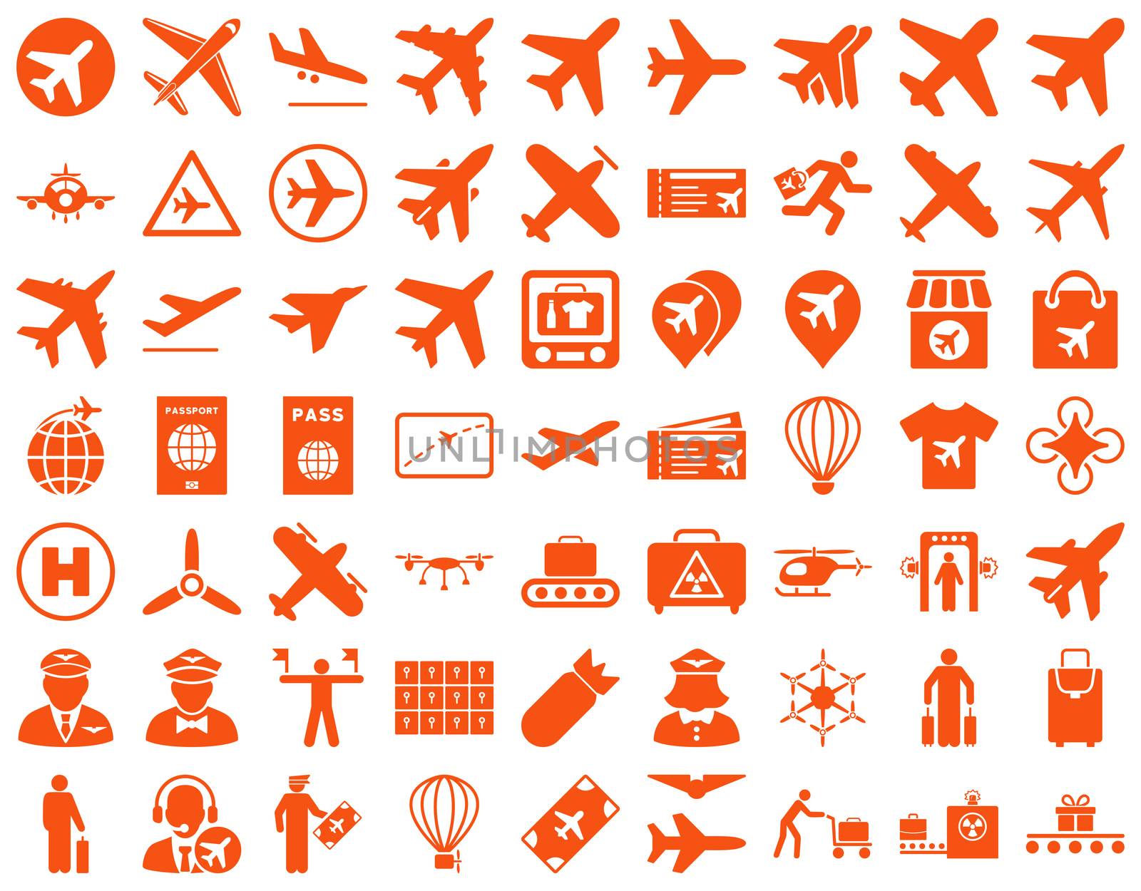 Aviation Icon Set. These flat icons use orange color. Raster images are isolated on a white background.