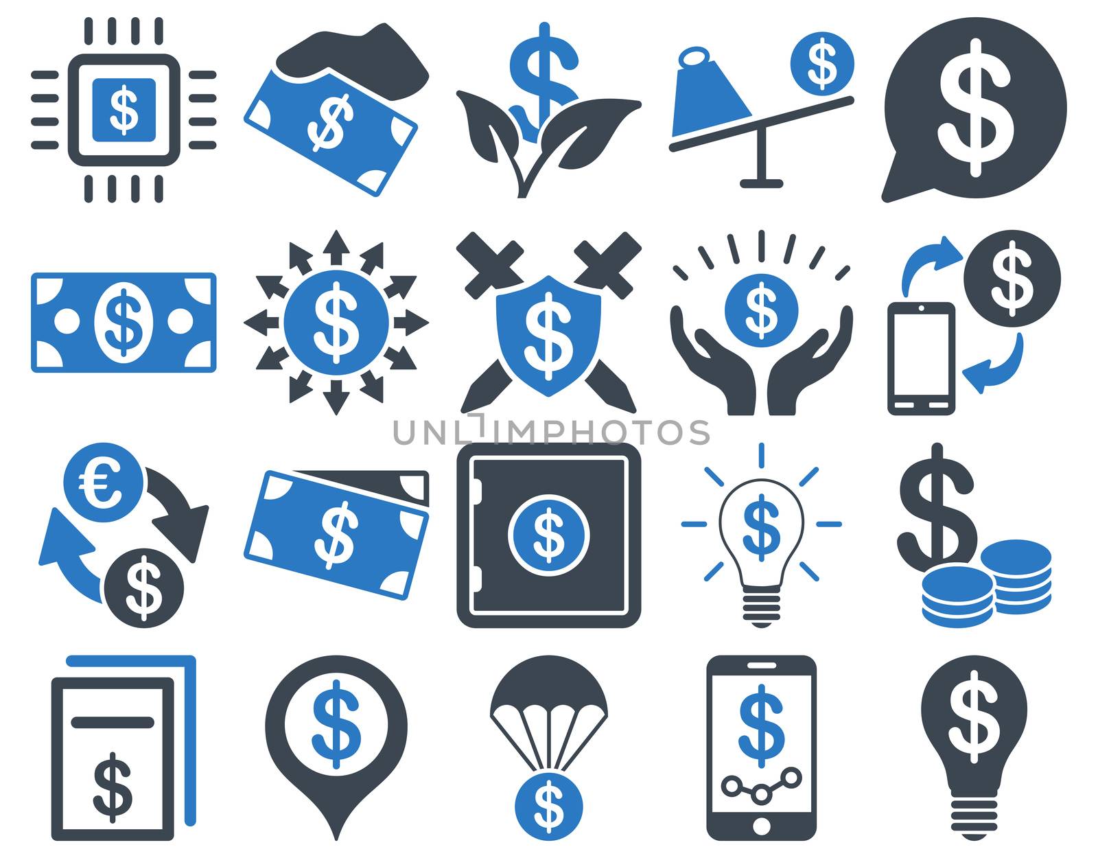 Dollar Icon Set. These flat bicolor icons use smooth blue colors. Raster images are isolated on a white background.