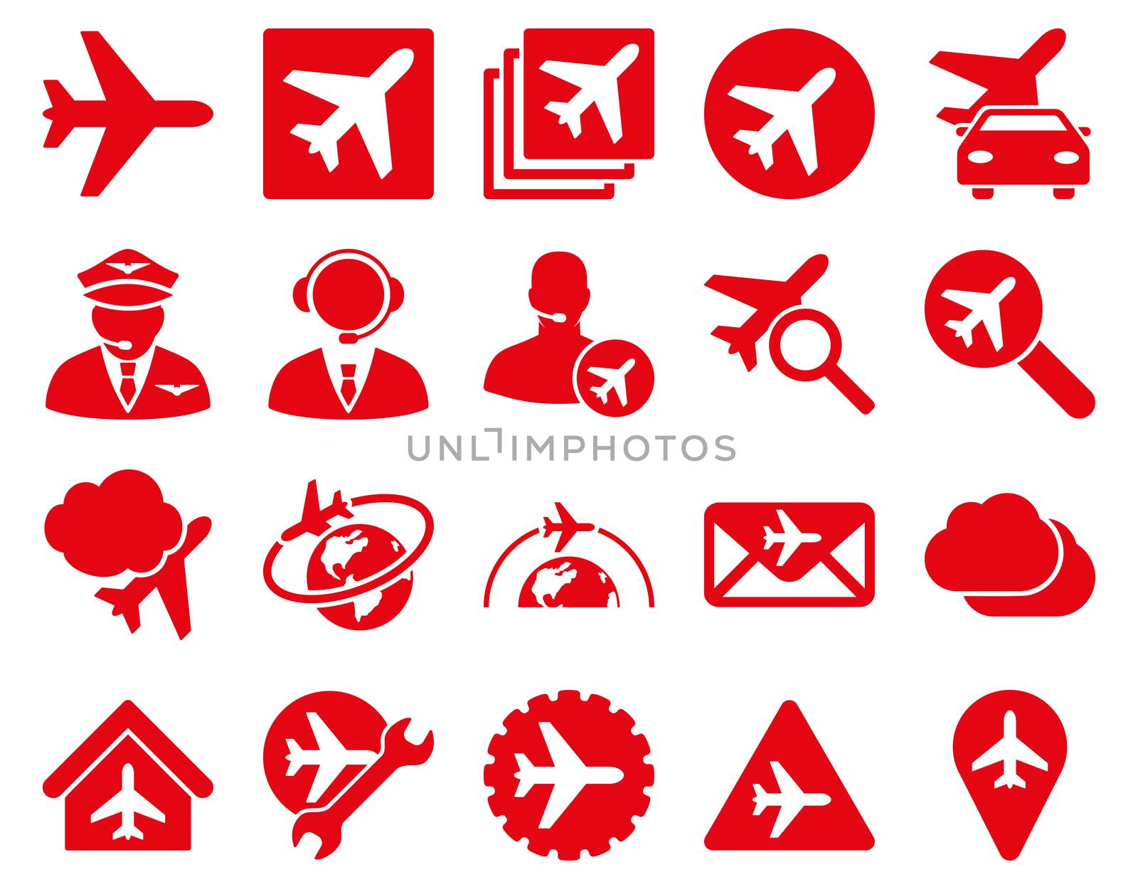 Aviation Icon Set. These flat icons use red color. Raster images are isolated on a white background.