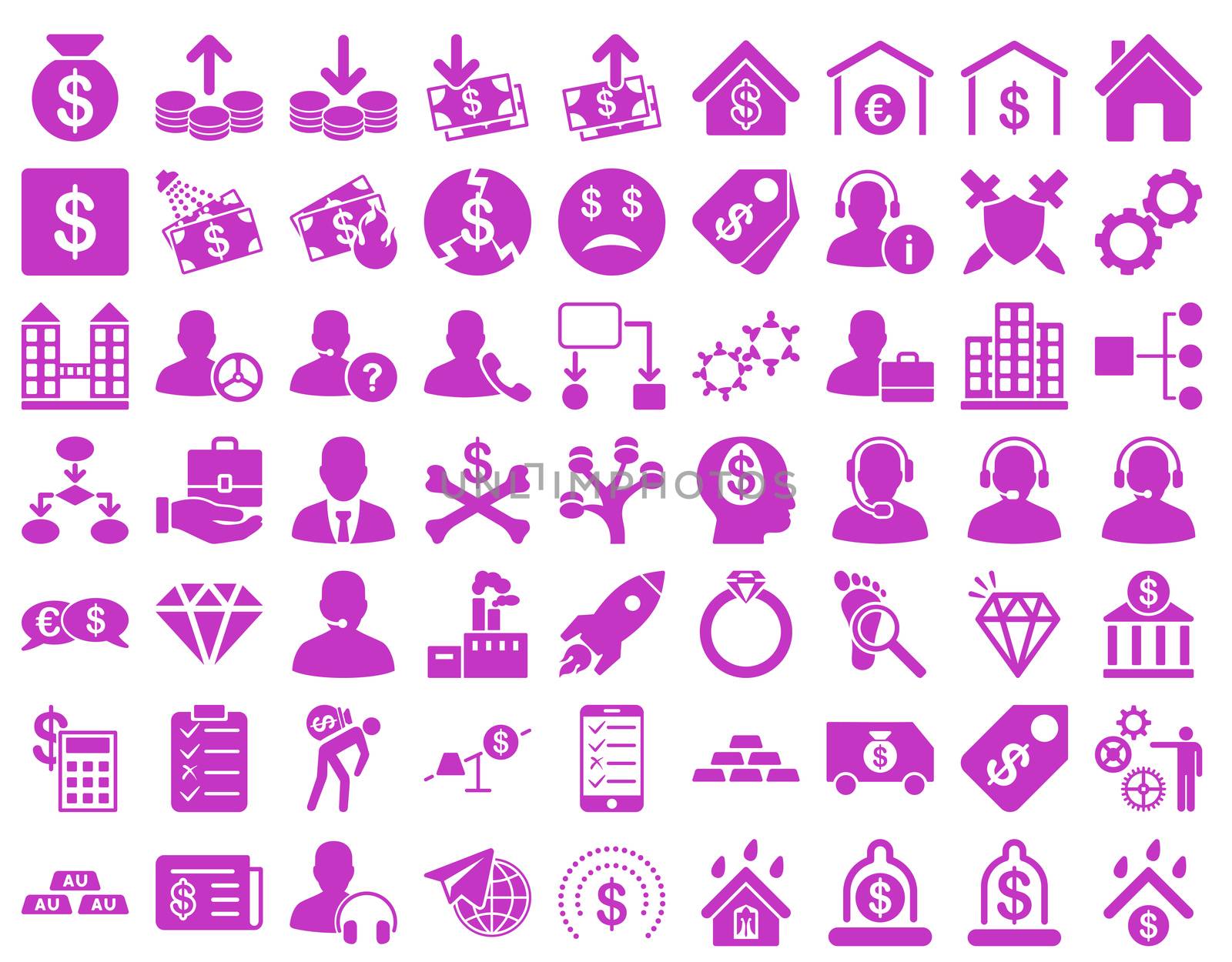 Commerce Icons. These flat icons use violet color. Raster images are isolated on a white background.