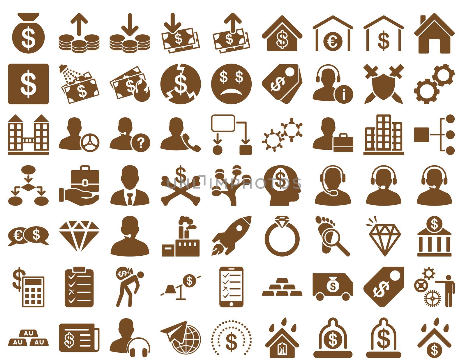 Commerce Icons. These flat icons use brown color. Raster images are isolated on a white background.