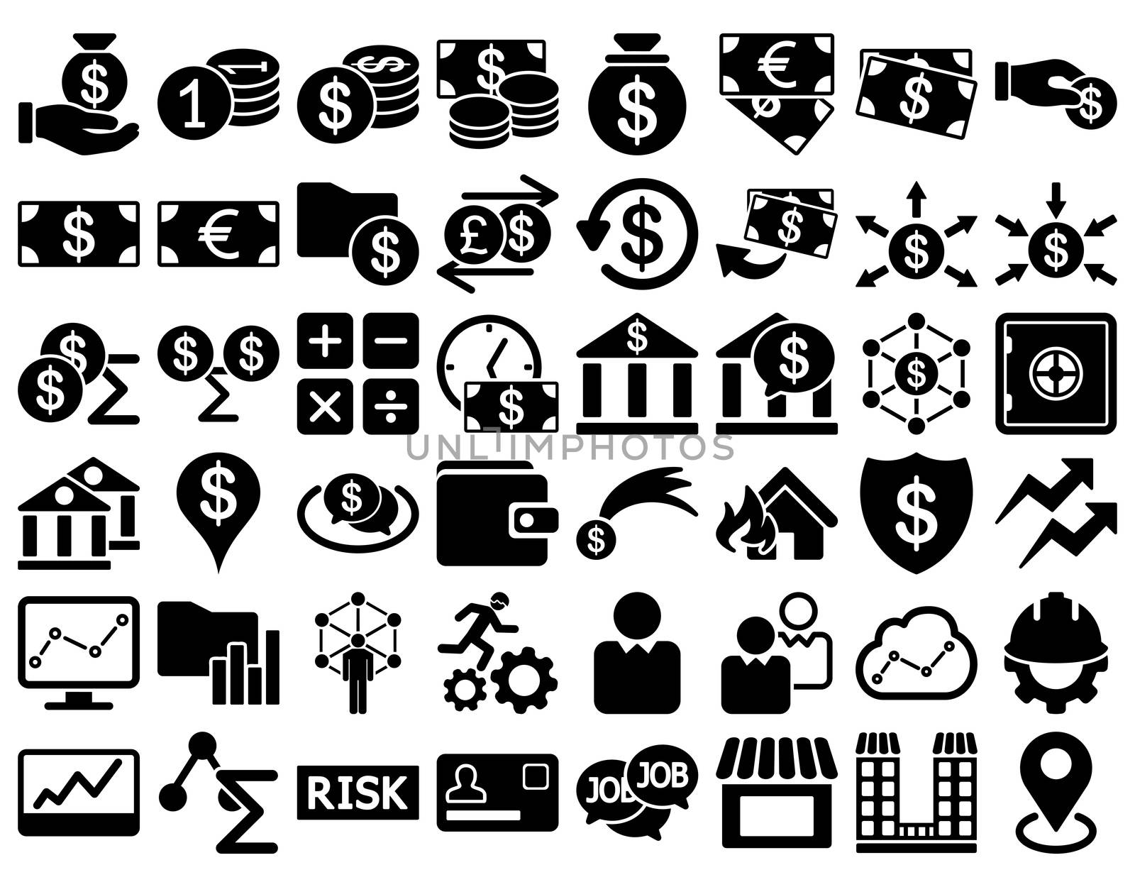 Business Icon Set. These flat icons use black color. Raster images are isolated on a white background.