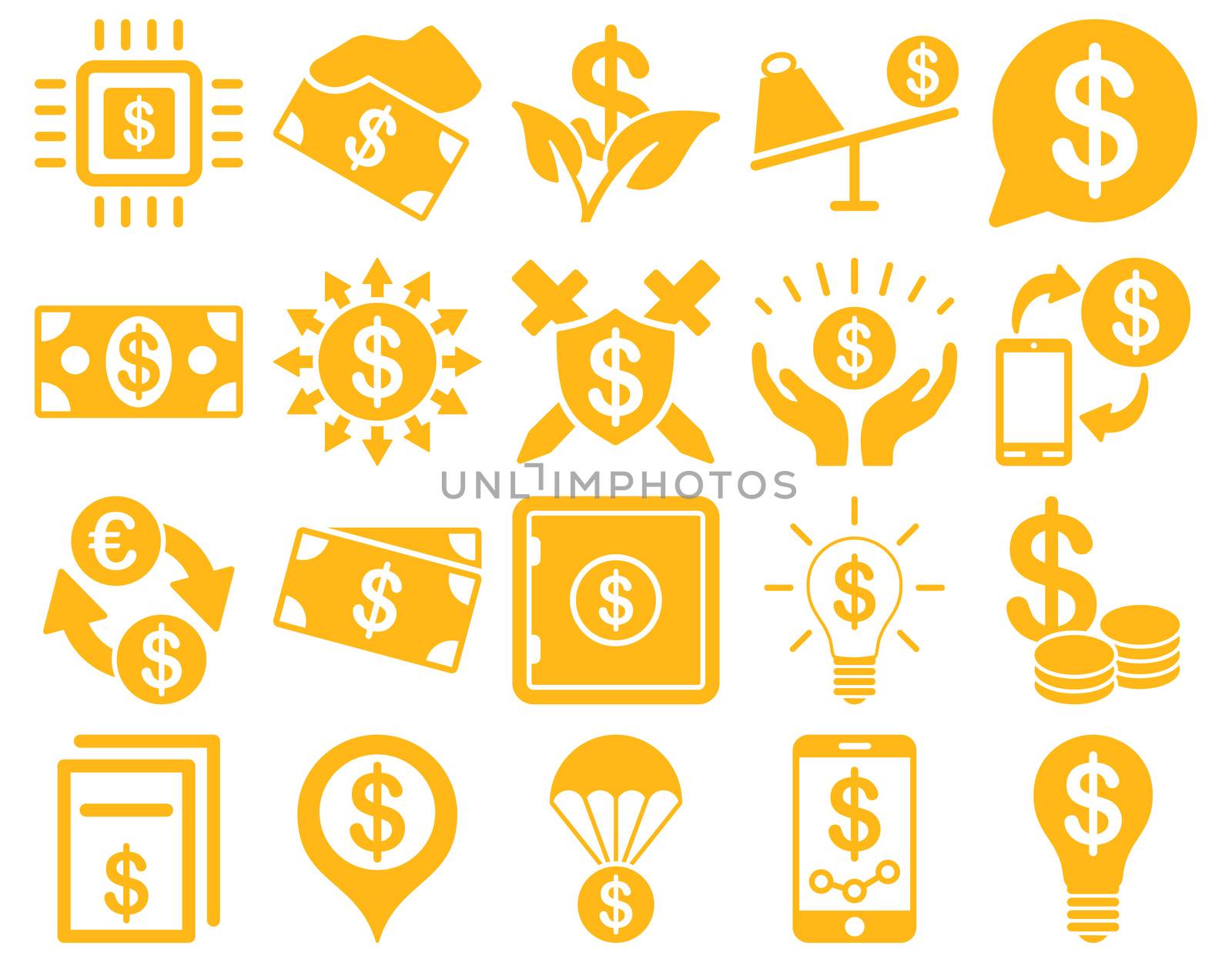 Dollar Icon Set. These flat icons use yellow color. Raster images are isolated on a white background.