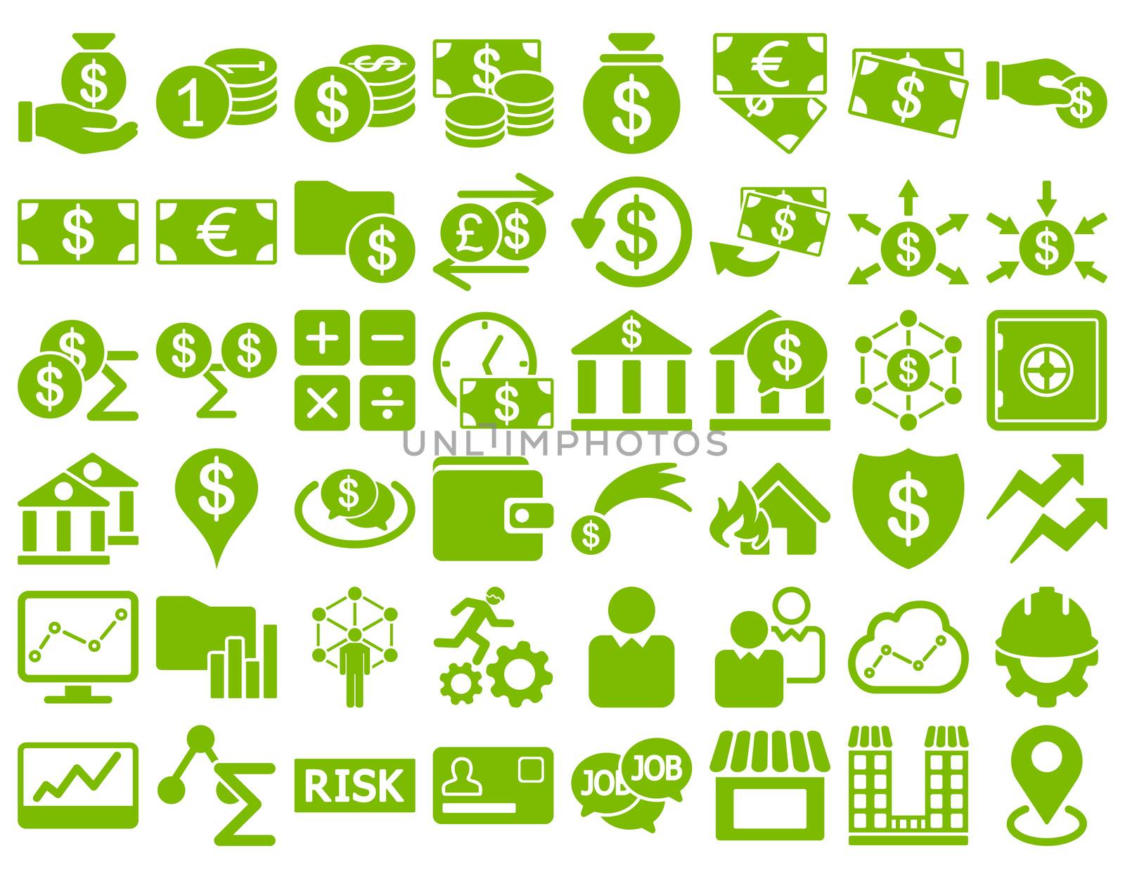 Business Icon Set. These flat icons use eco green color. Raster images are isolated on a white background.