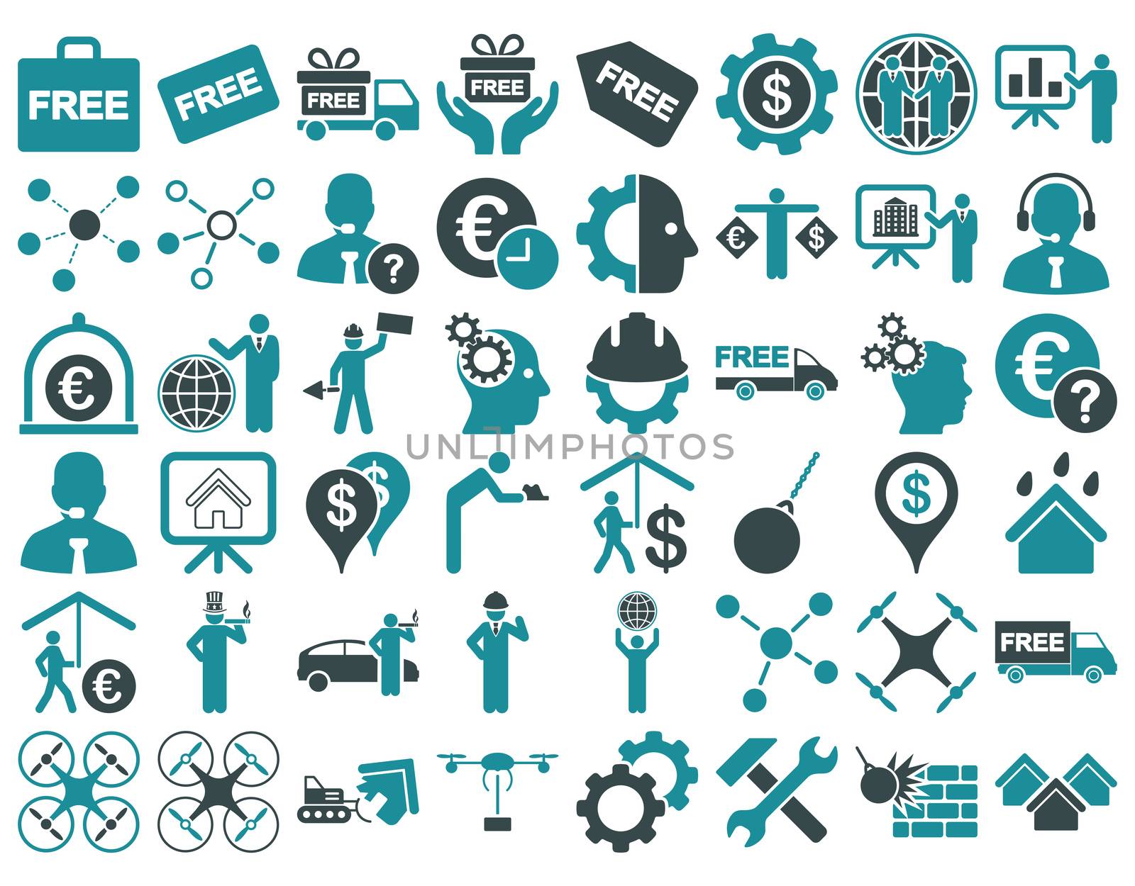 Business Icon Set. These flat bicolor icons use soft blue colors. Raster images are isolated on a white background.