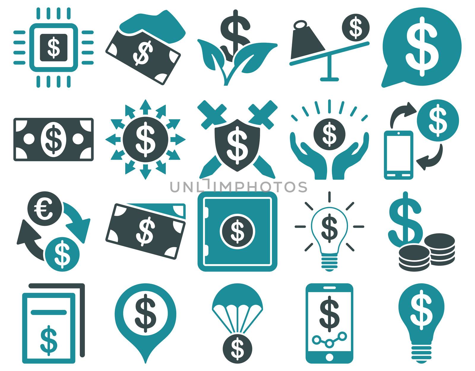 Dollar Icon Set. These flat bicolor icons use soft blue colors. Raster images are isolated on a white background.