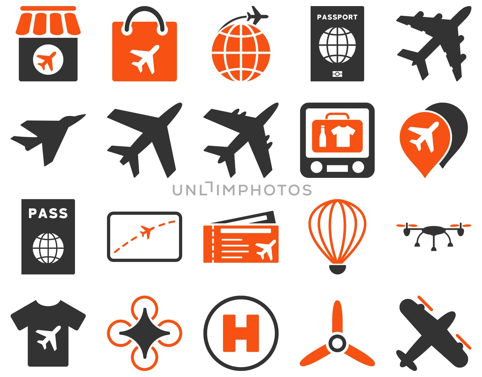 Airport Icon Set. These flat bicolor icons use orange and gray colors. Raster images are isolated on a white background.