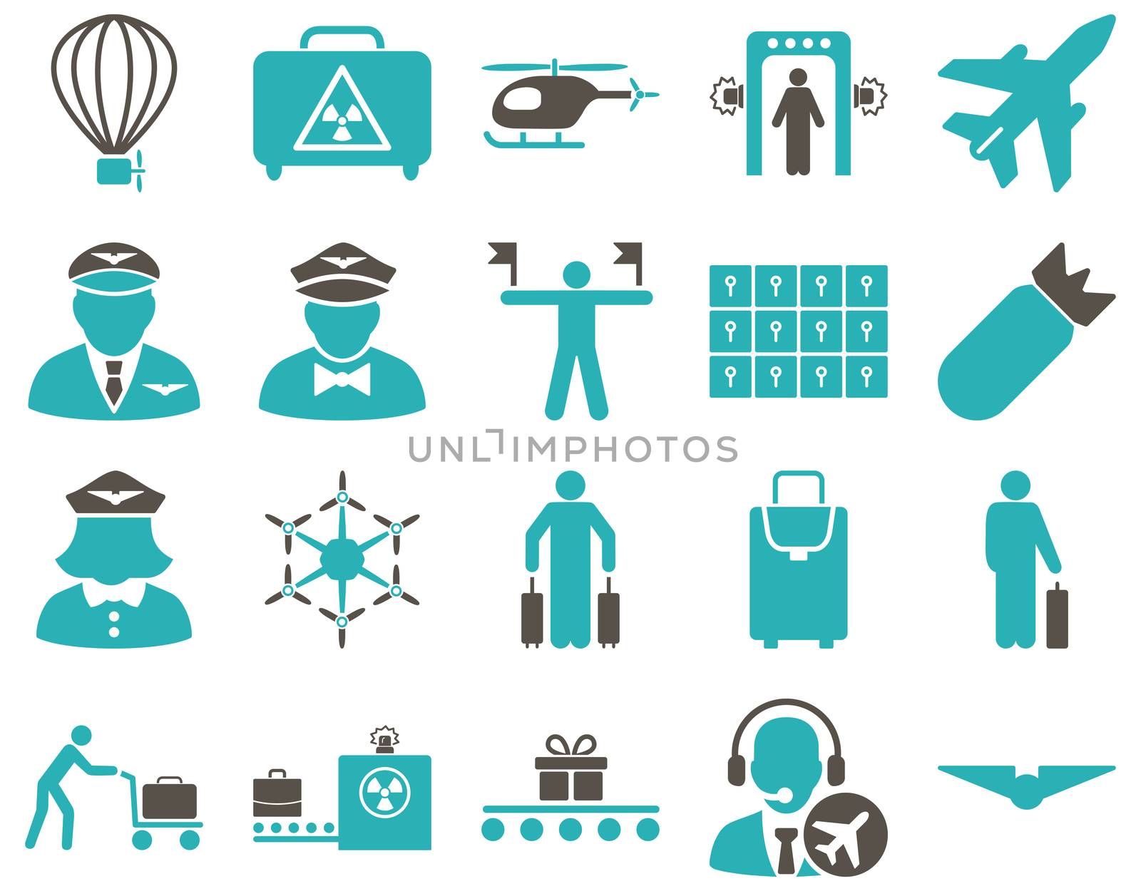 Airport Icon Set. These flat bicolor icons use grey and cyan colors. Raster images are isolated on a white background.