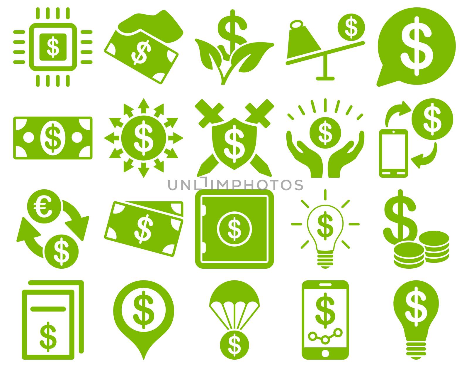 Dollar Icon Set. These flat icons use eco green color. Raster images are isolated on a white background.