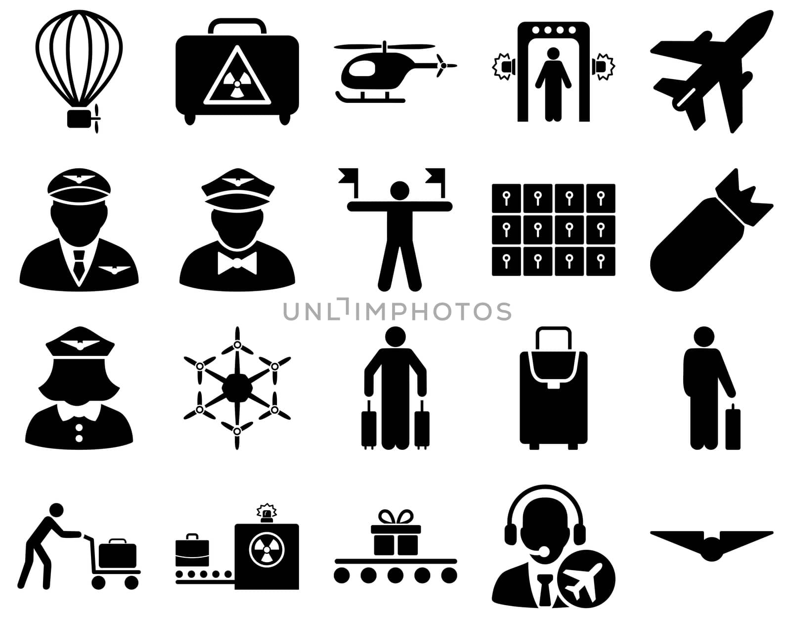 Airport Icon Set. These flat icons use black color. Raster images are isolated on a white background.