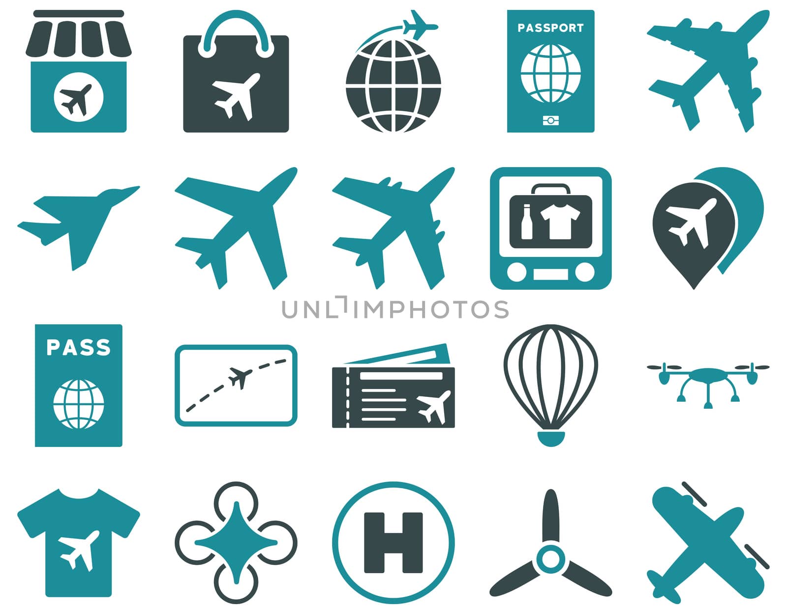 Airport Icon Set. These flat bicolor icons use soft blue colors. Raster images are isolated on a white background.