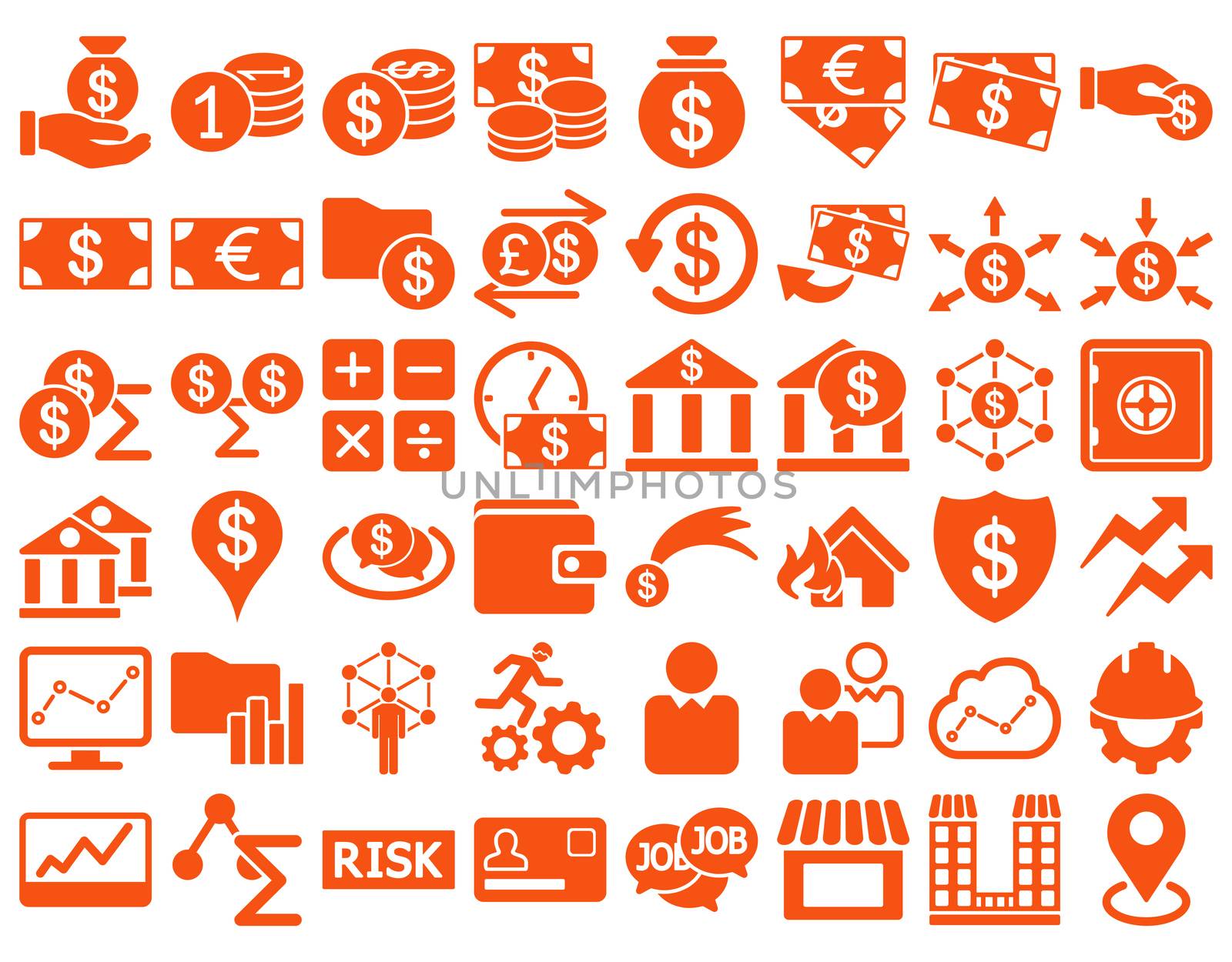 Business Icon Set. These flat icons use orange color. Raster images are isolated on a white background.