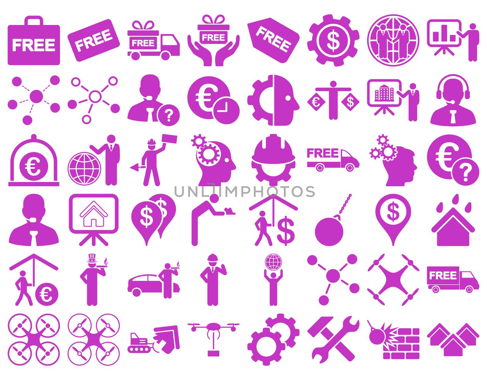 Business Icon Set. These flat icons use violet color. Raster images are isolated on a white background.