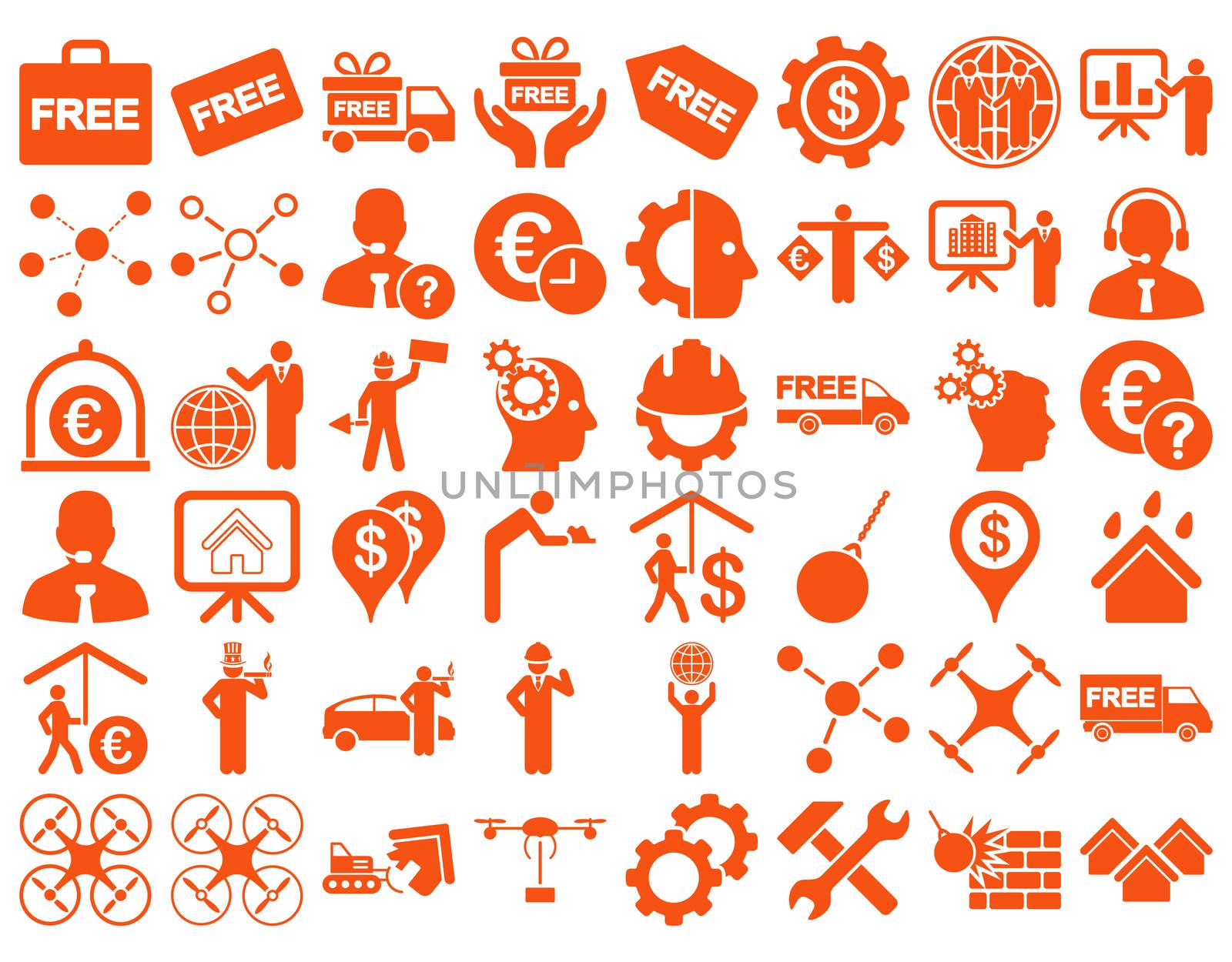 Business Icon Set. These flat icons use orange color. Raster images are isolated on a white background.