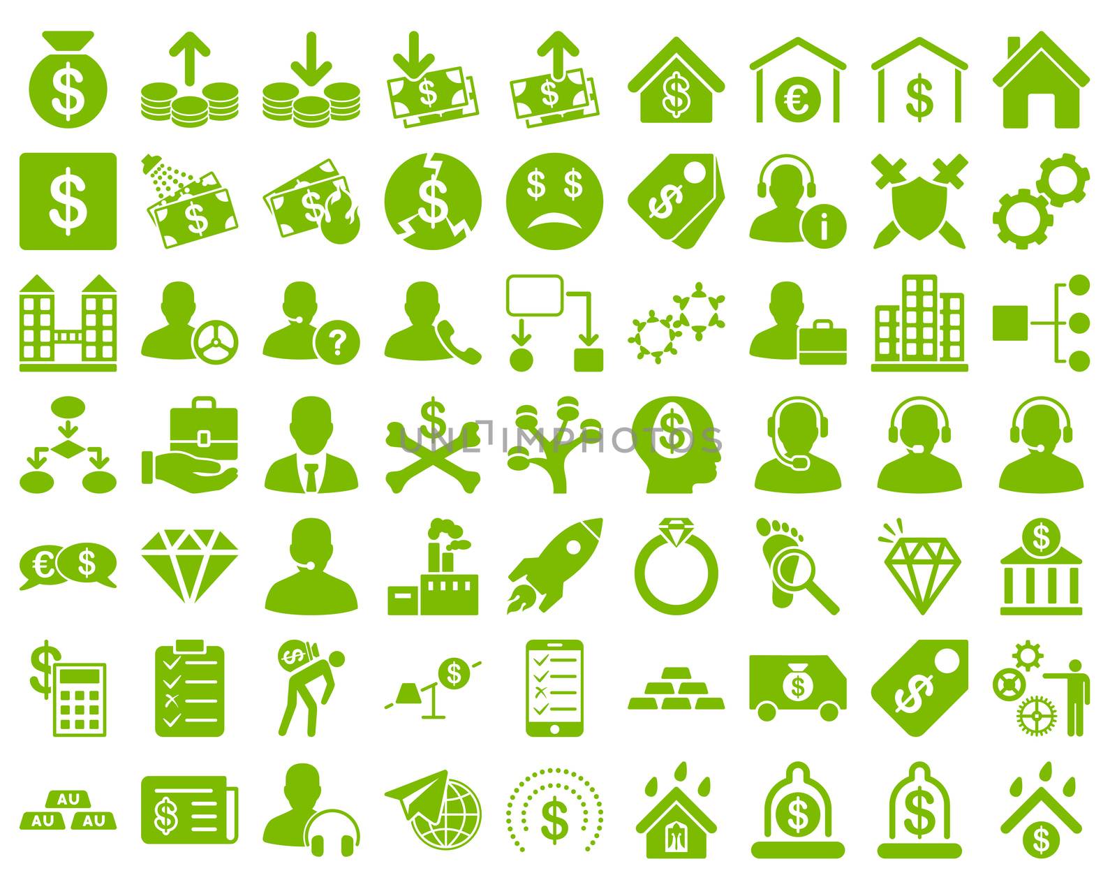 Commerce Icons. These flat icons use eco green color. Raster images are isolated on a white background.