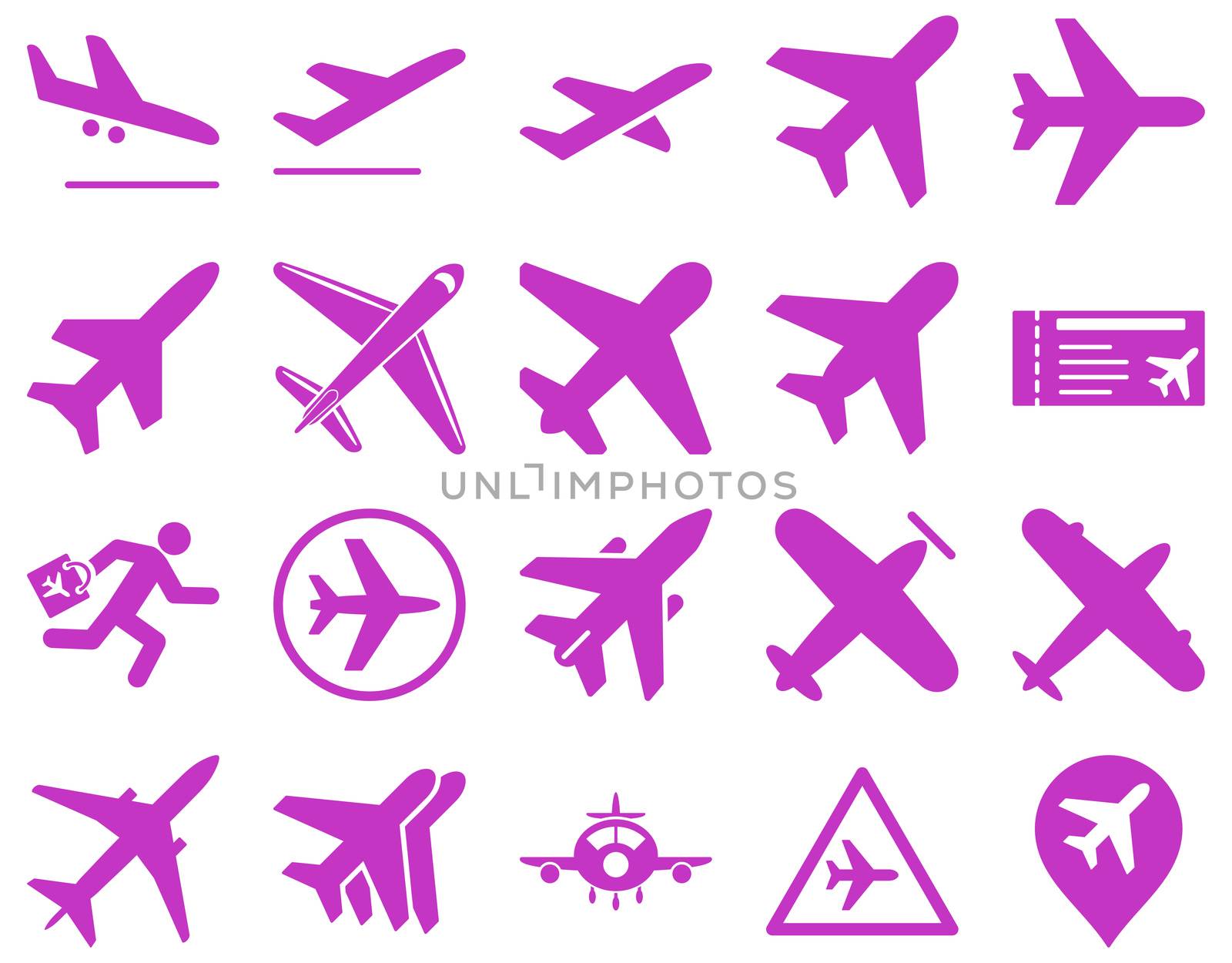 Aviation Icon Set. These flat icons use violet color. Raster images are isolated on a white background.