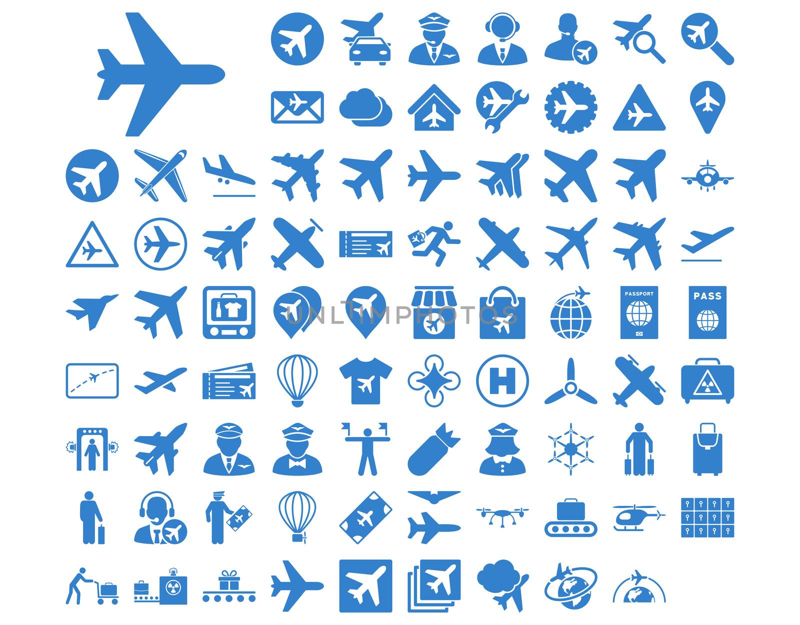 Aviation Icon Set. These flat icons use cobalt color. Raster images are isolated on a white background.