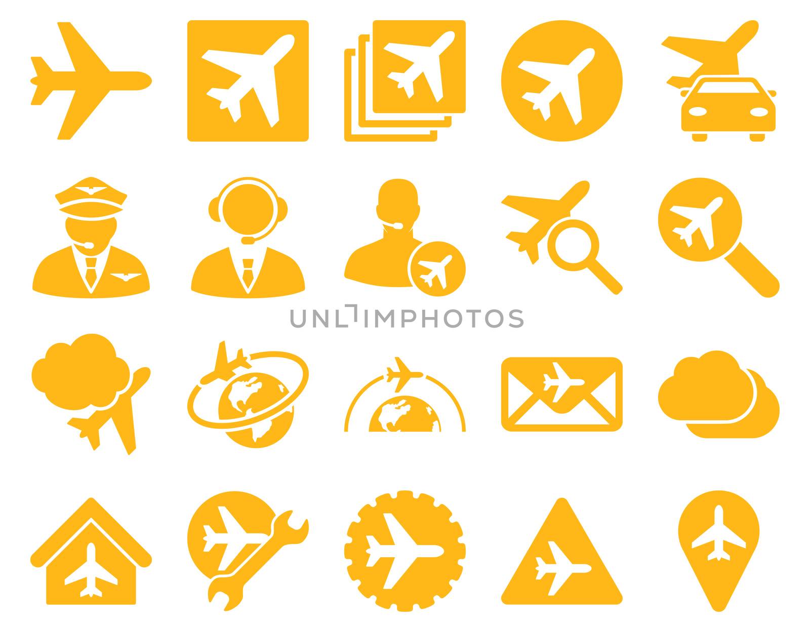 Aviation Icon Set. These flat icons use yellow color. Raster images are isolated on a white background.