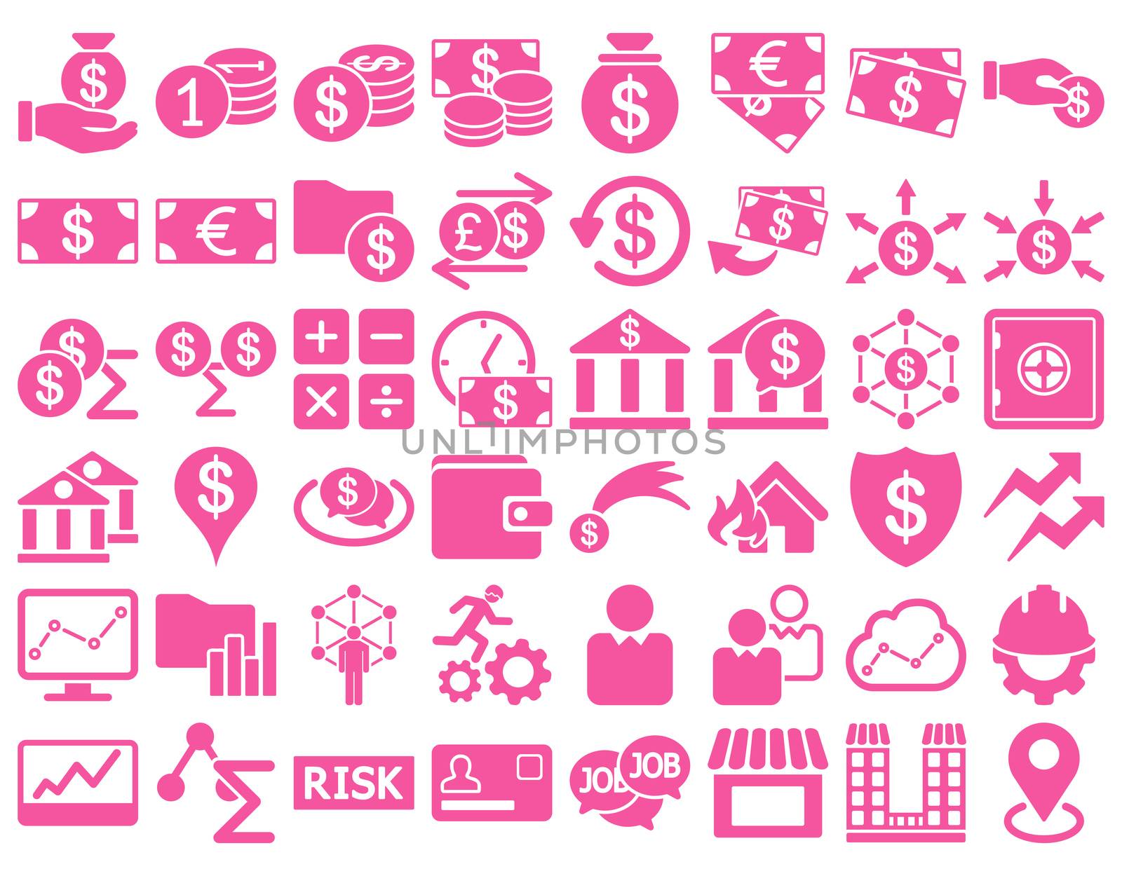 Business Icon Set. These flat icons use pink color. Raster images are isolated on a white background.