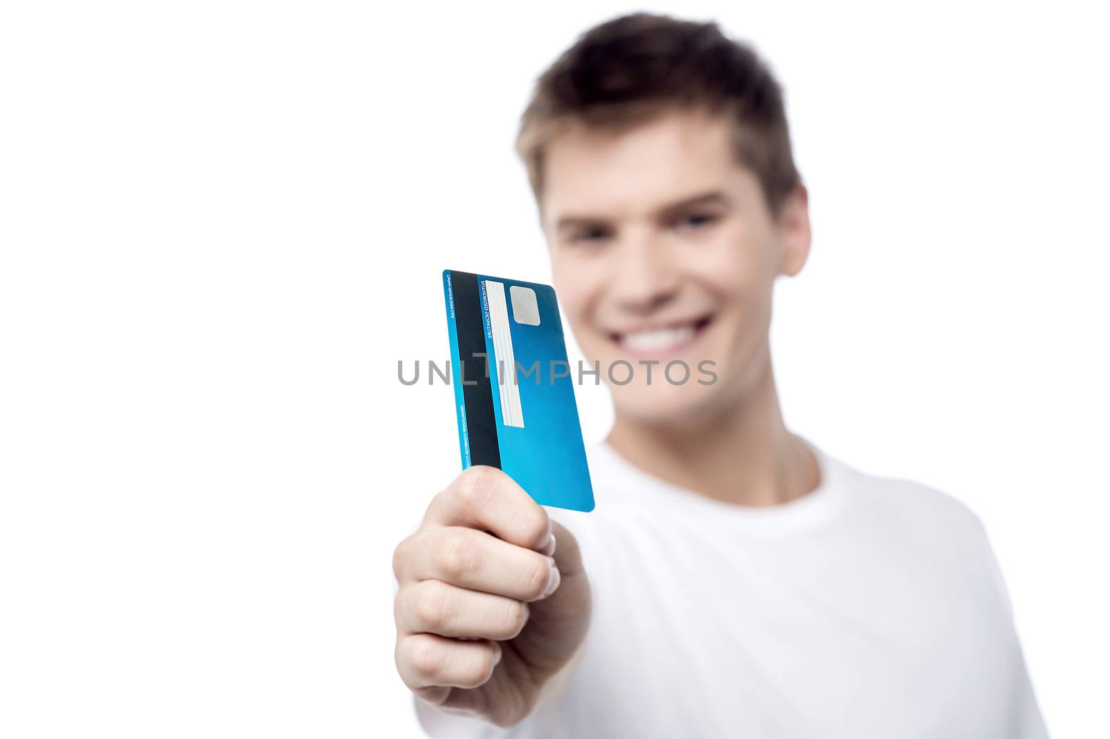 Male showing his credit card, focus on card. 