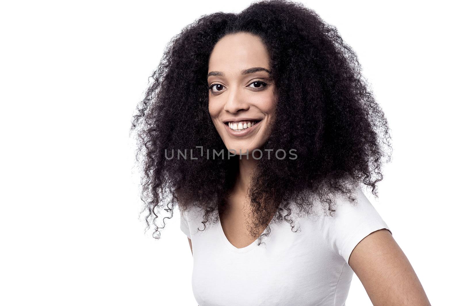 Beautiful african woman posing to camera over white