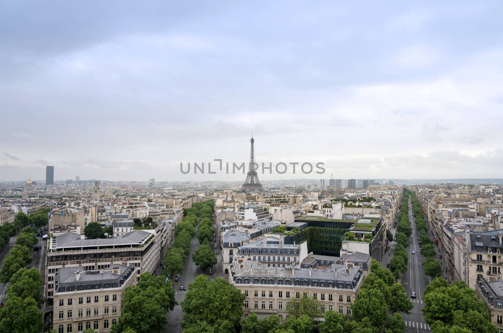 Eiffel Tower with Paris skyline view from the Arc de Triomphe in Paris, France
