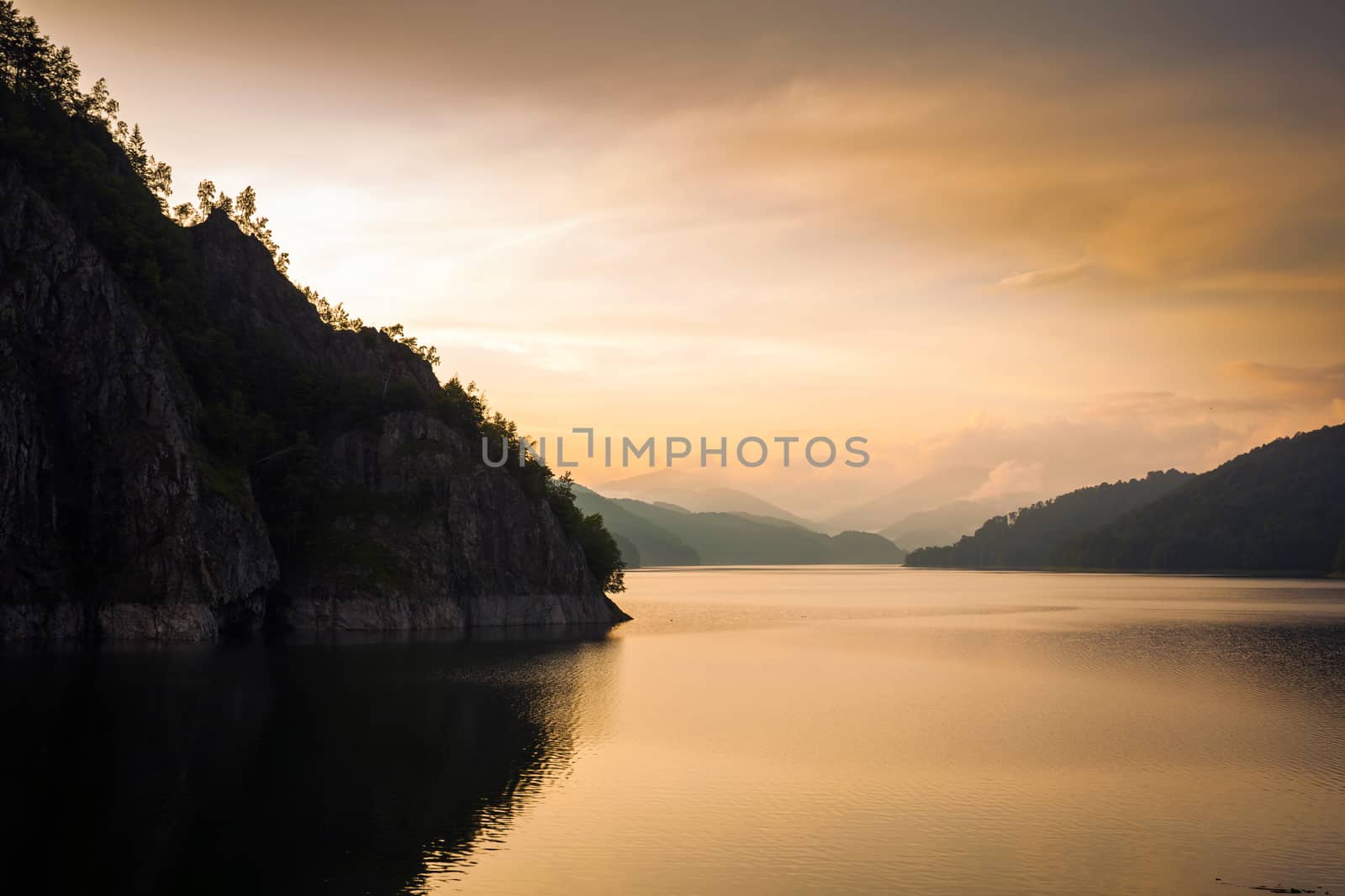 Artificial Lake behind the Bicaz Dam at sunset, Romania