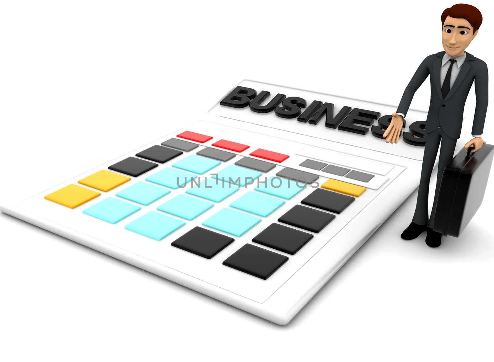 3d man standing with calculator concept on white background, side angle view