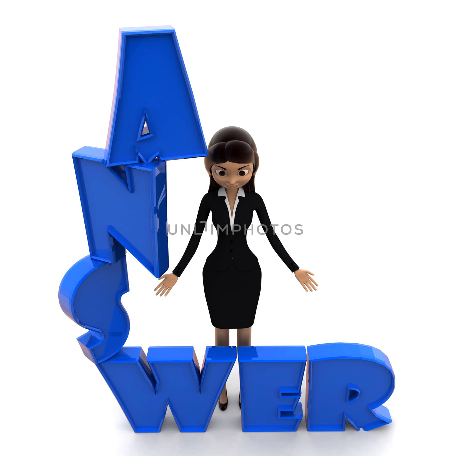 3d woman with answer text in blue concept on white background, top angle view