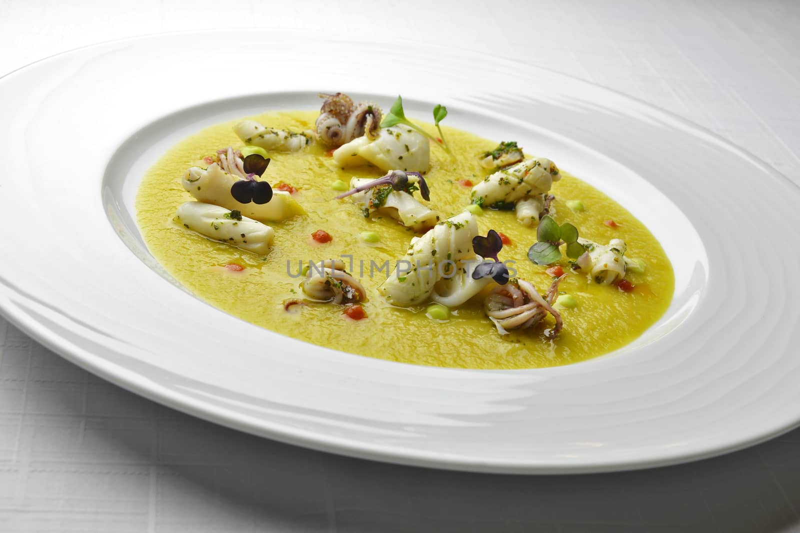 Fish Dish Cream of Jerusalem artichokes with saffron and squid with Herbs in white plate