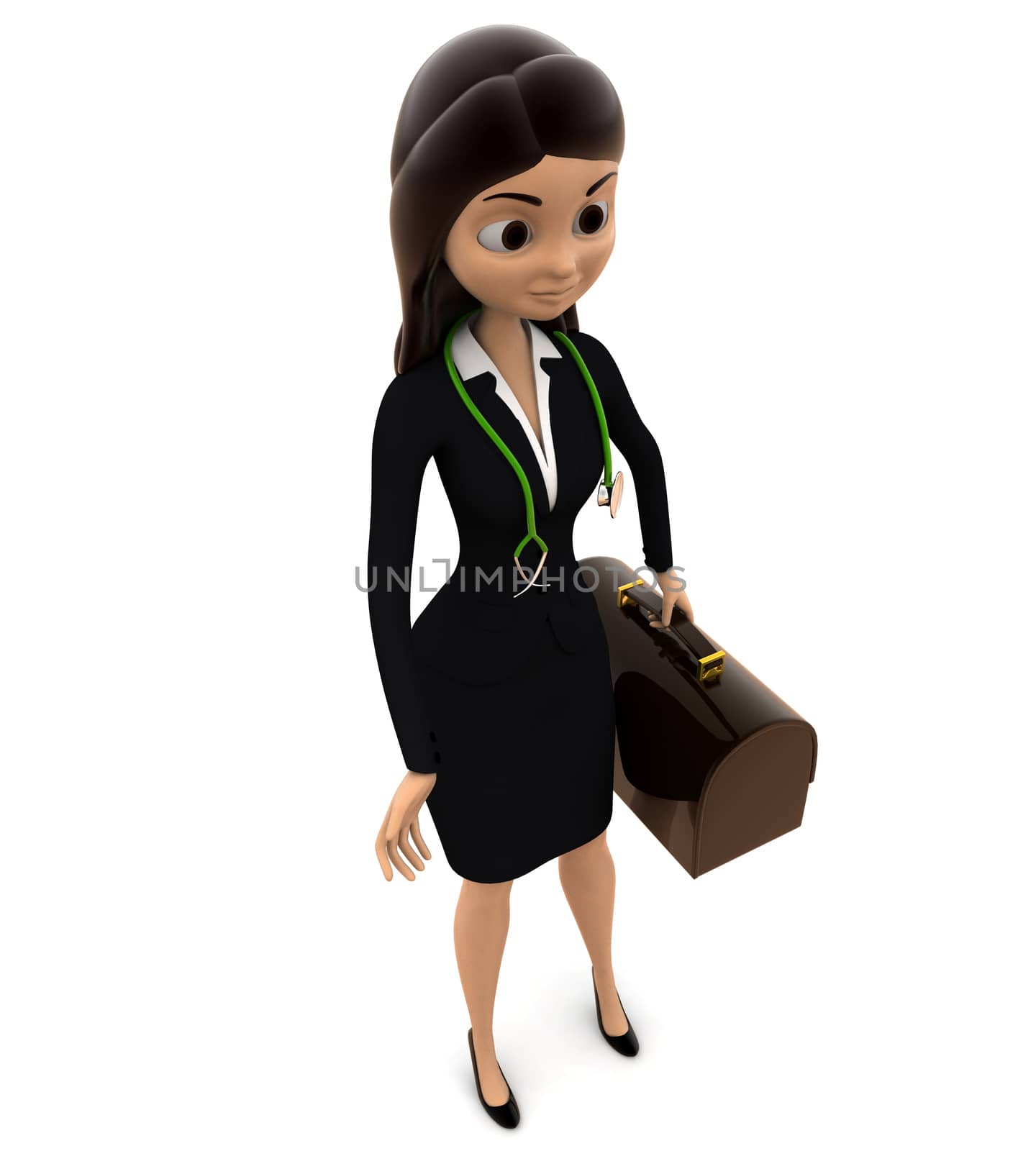 3d woman stanidng with brown bag and strethoscope on neck concept on white background, top angle view