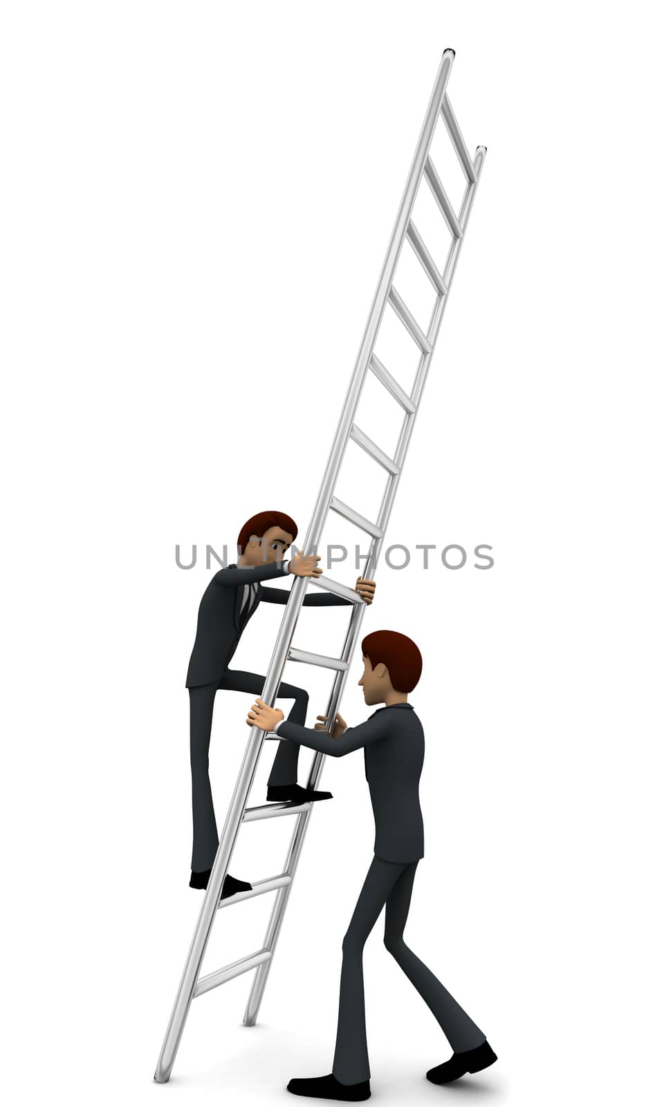 3d man climbing ladder supported by another man concept on white background, front angle view