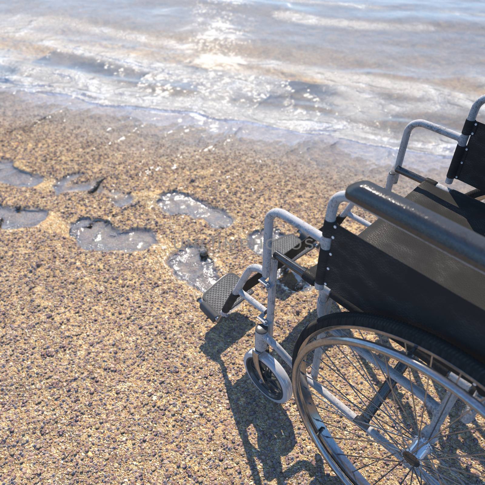 Empty wheelchair on a beach of sand with footprints concept background