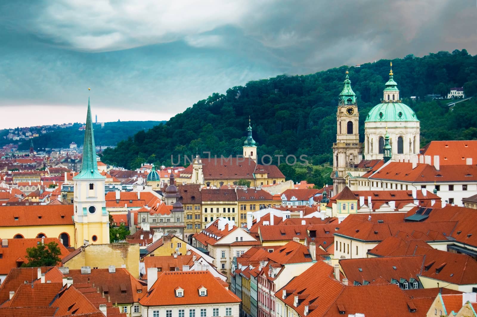 Panorama of Prague during a storm.