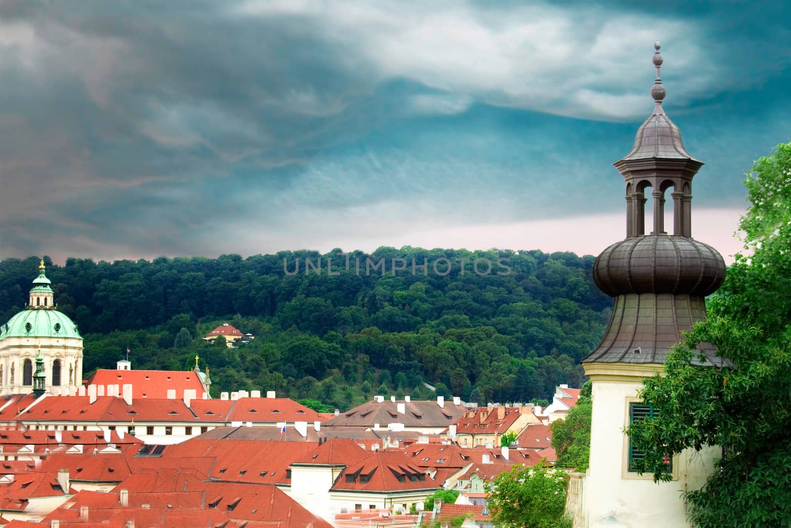 Panorama of Prague during a storm.