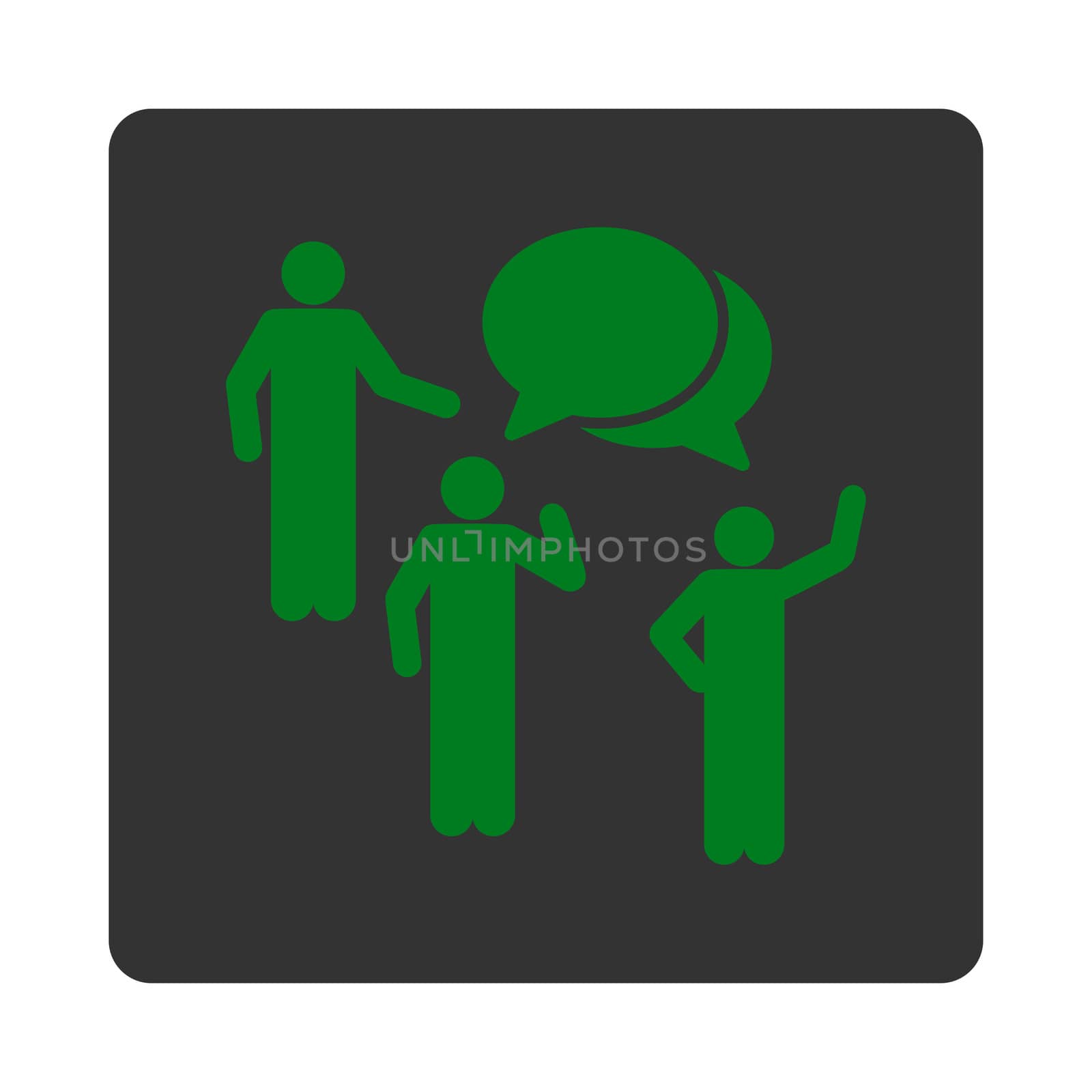 Forum icon. This flat rounded square button uses green and gray colors and isolated on a white background.