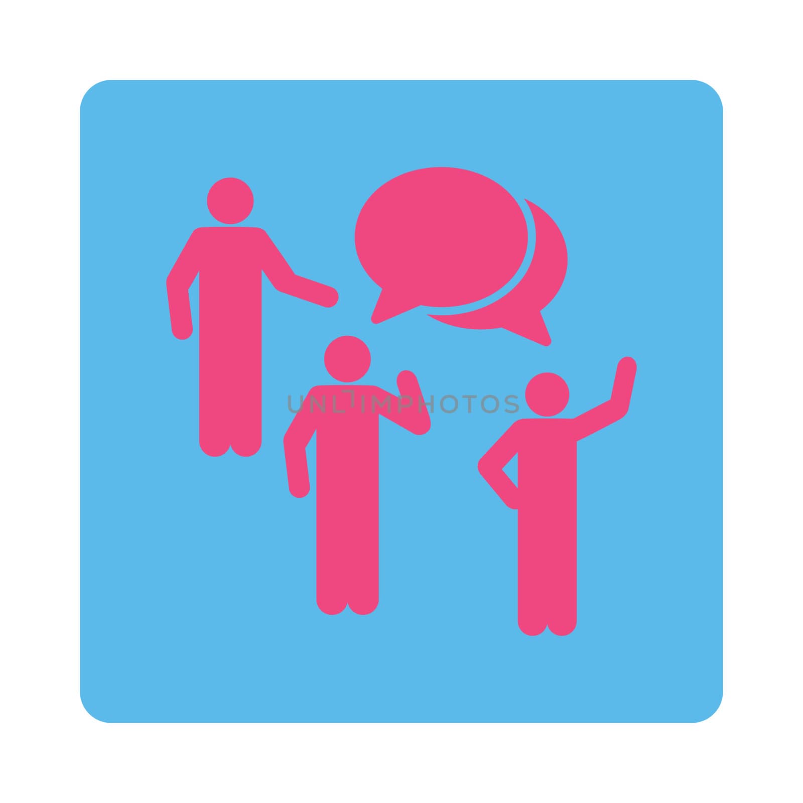 Forum icon. This flat rounded square button uses pink and blue colors and isolated on a white background.