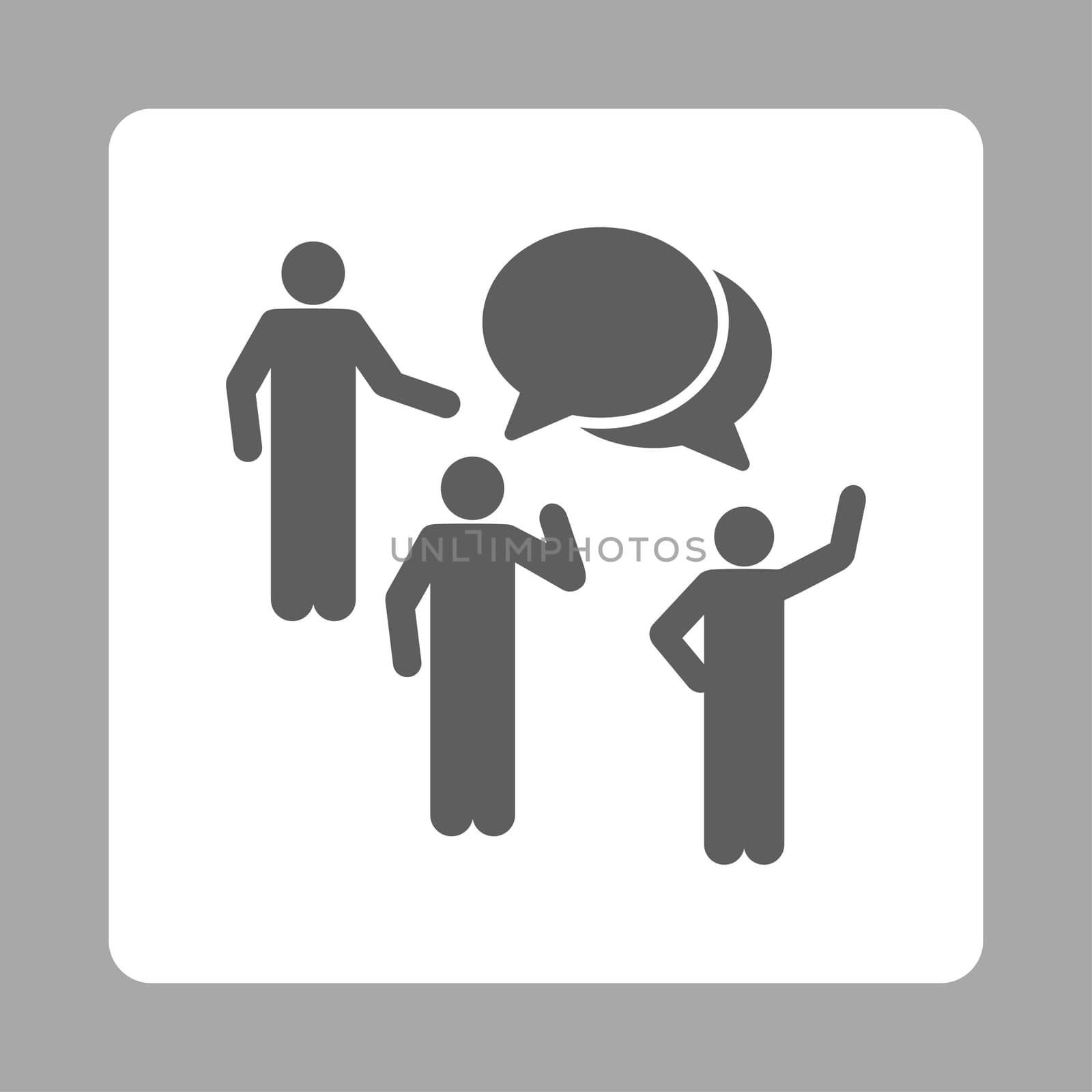 Forum icon. This flat rounded square button uses dark gray and white colors and isolated on a silver background.