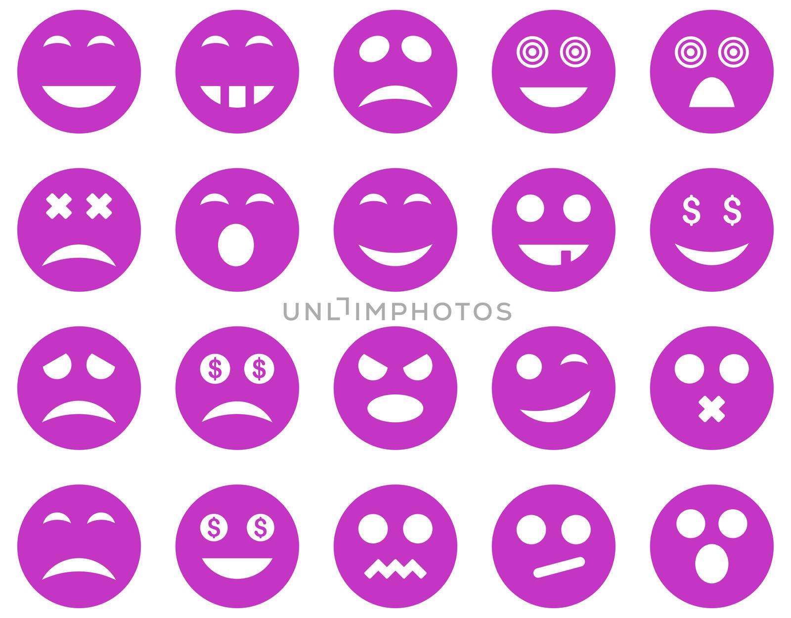Smile and emotion icons. Glyph set style is flat images, violet symbols, isolated on a white background.