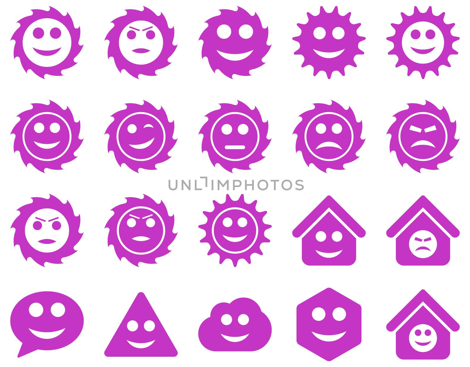 Tools, gears, smiles, emotions icons. Glyph set style is flat images, violet symbols, isolated on a white background.
