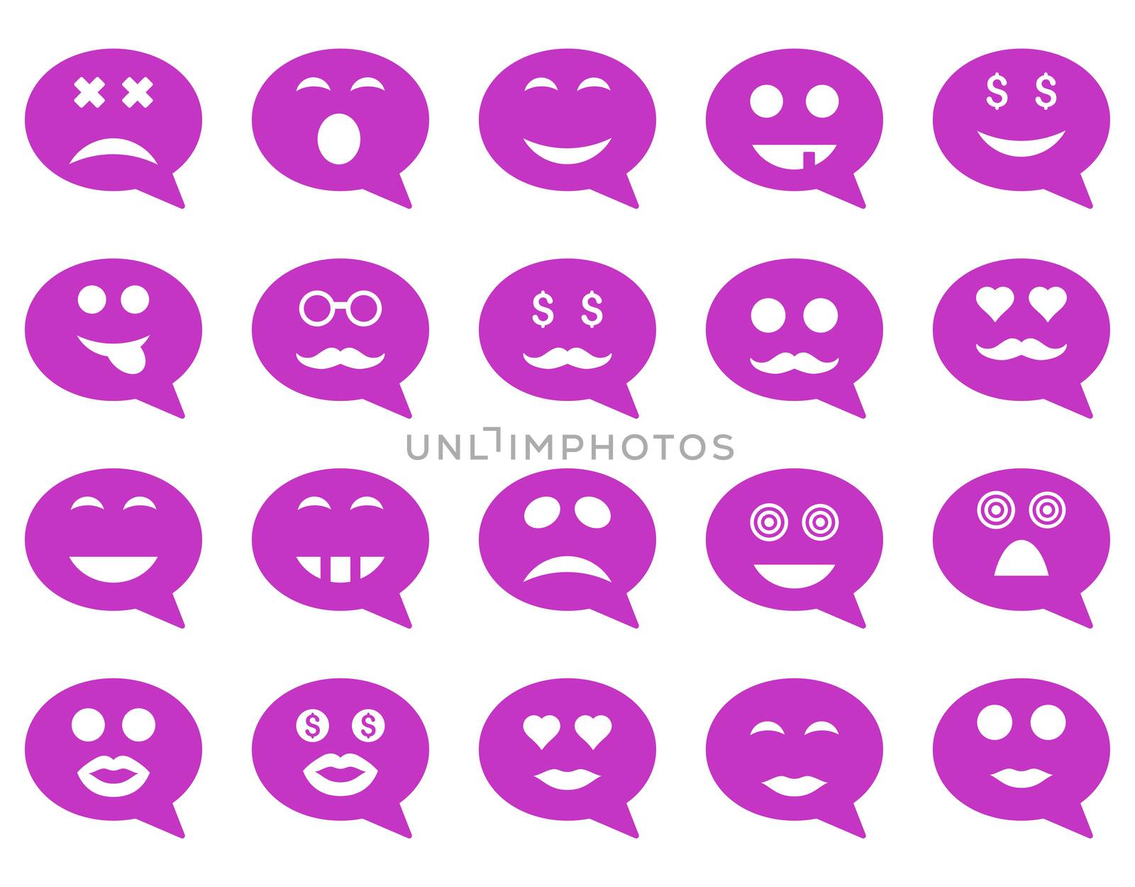 Chat emotion smile icons. Glyph set style is flat images, violet symbols, isolated on a white background.