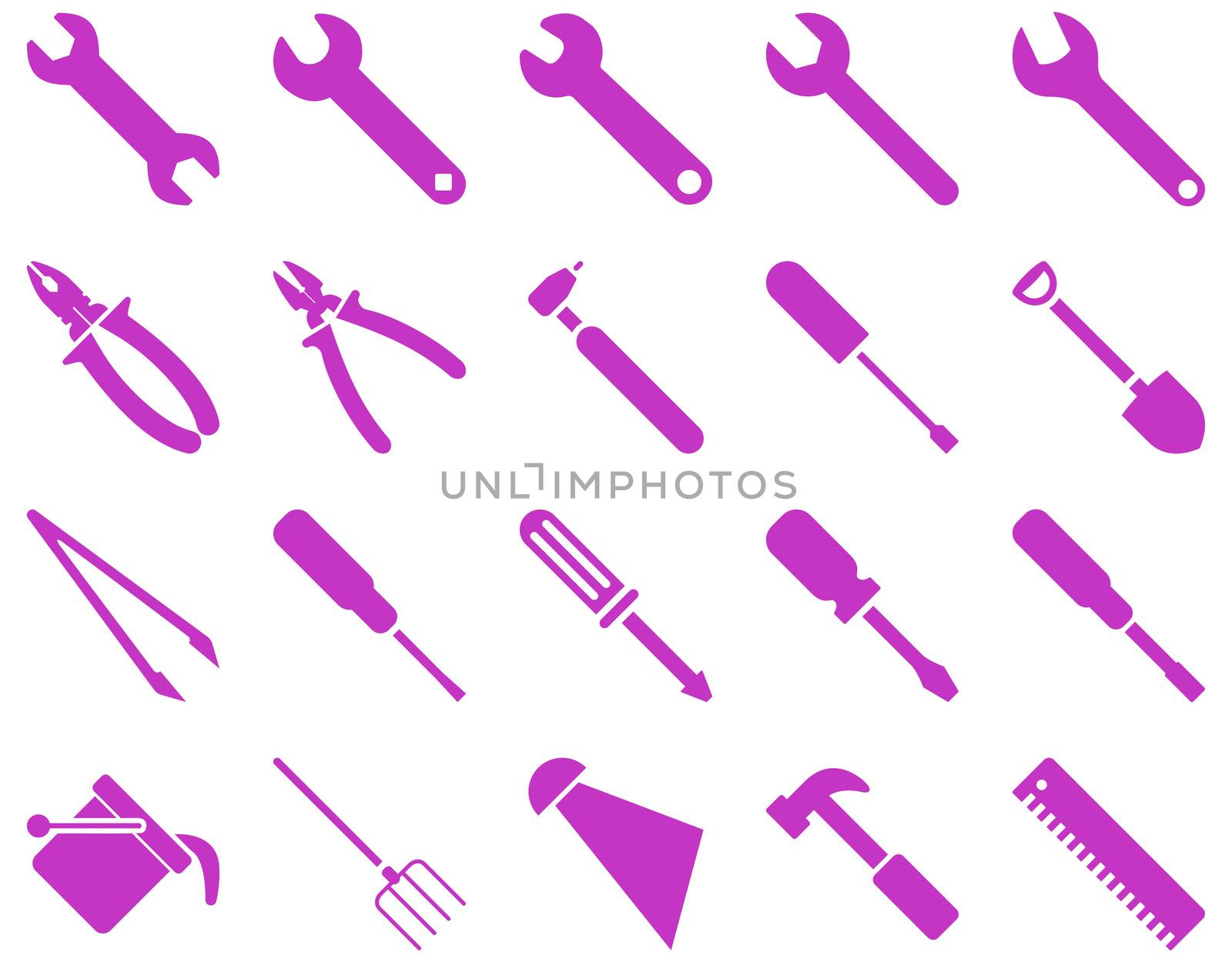 Equipment and Tools Icons. Glyph set style is flat images, violet color, isolated on a white background.