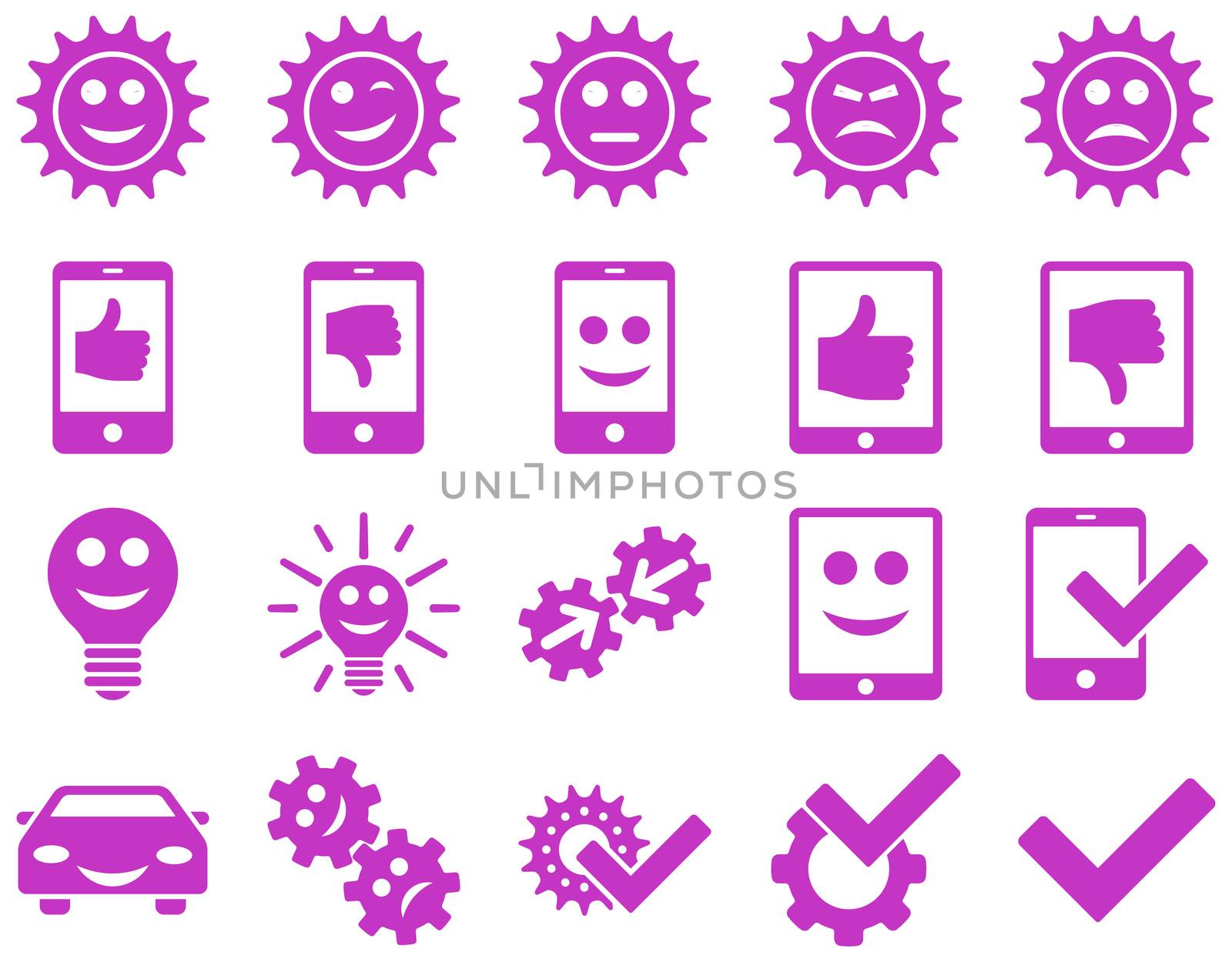 Tools and Smile Gears Icons. Glyph set style is flat images, violet color, isolated on a white background.