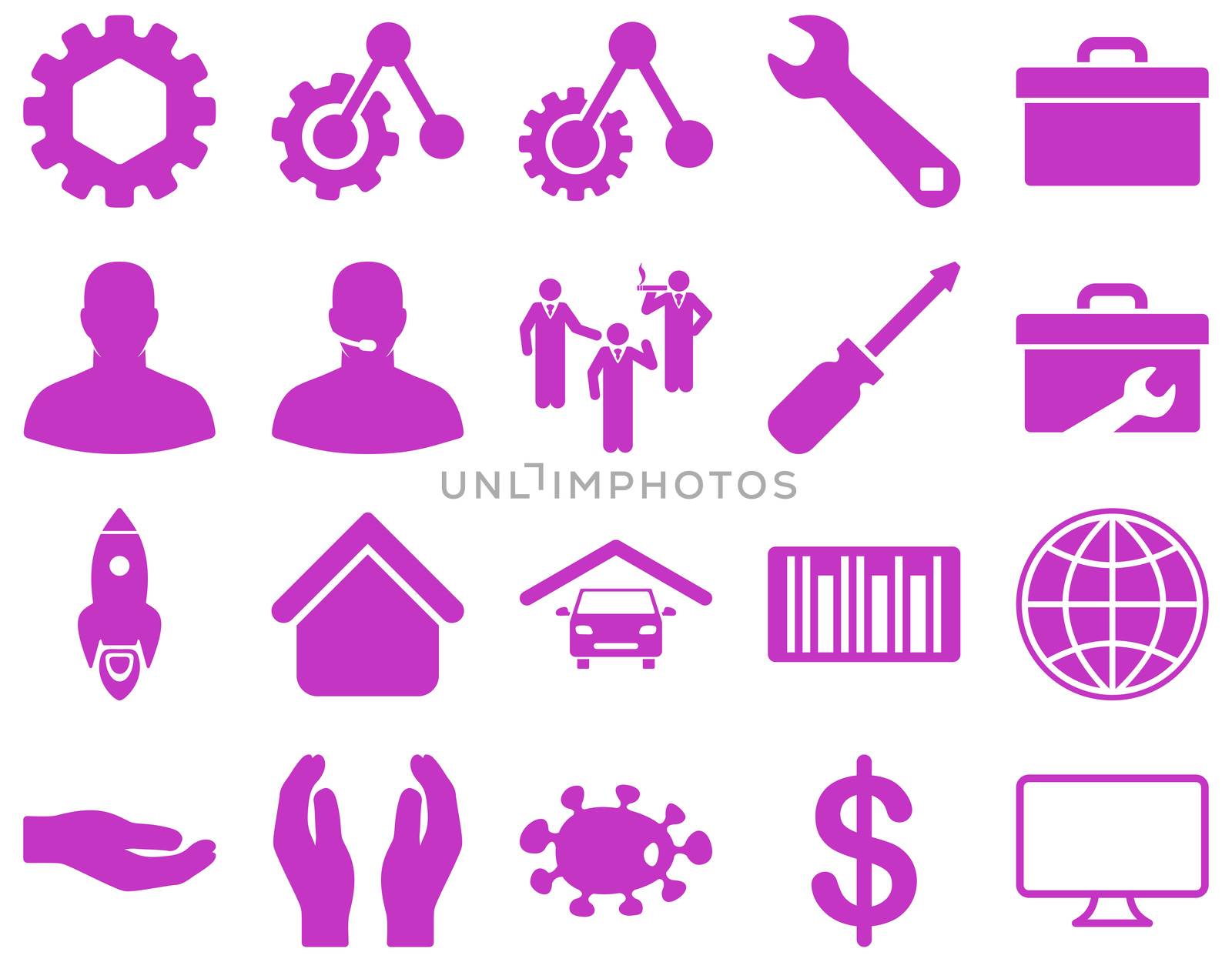 Settings and Tools Icons. Glyph set style is flat images, violet color, isolated on a white background.