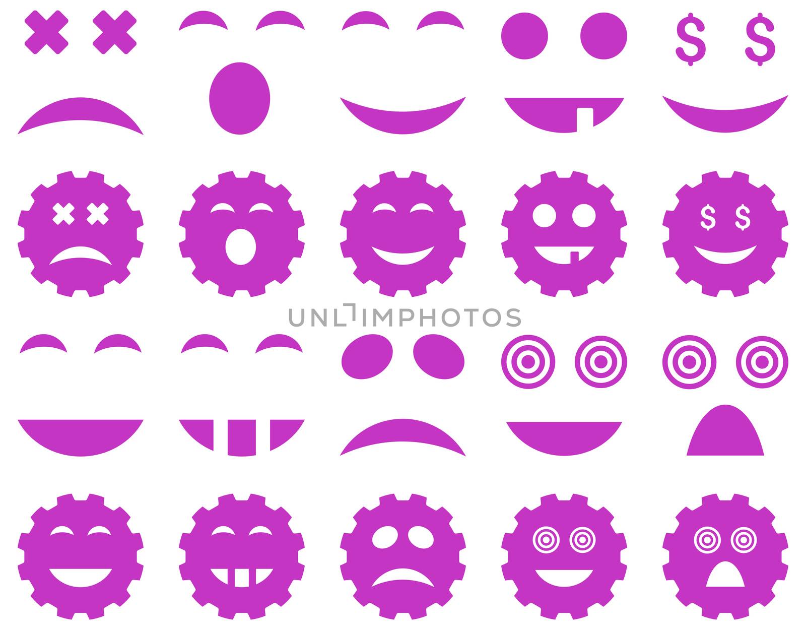 Tool, gear, smile, emotion icons. Glyph set style is flat images, violet symbols, isolated on a white background.
